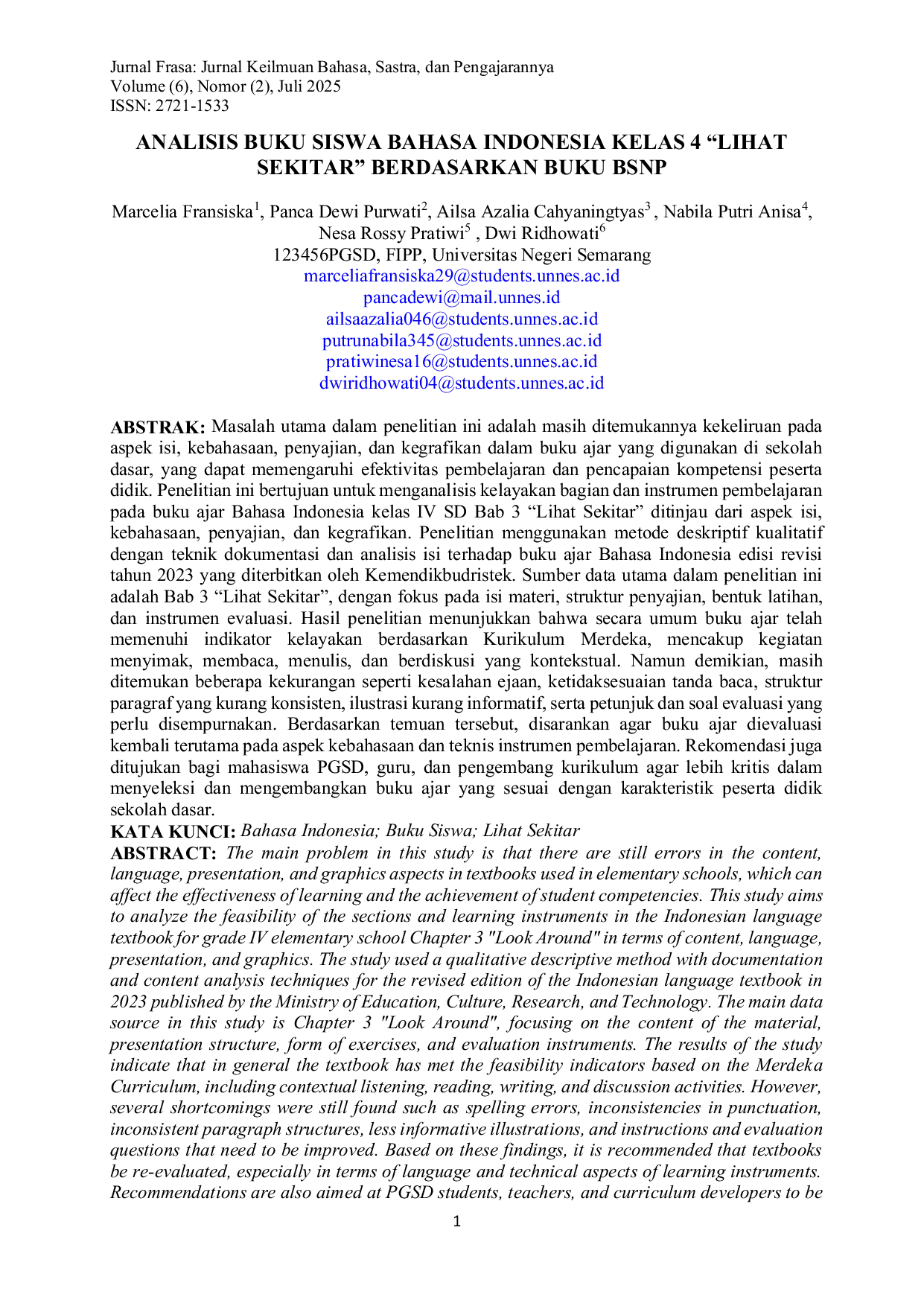 JURIS Analisis Buku Siswa Bahasa Indonesia Kelas 4 Lihat Sekitar Berdasarkan Buku BSNP