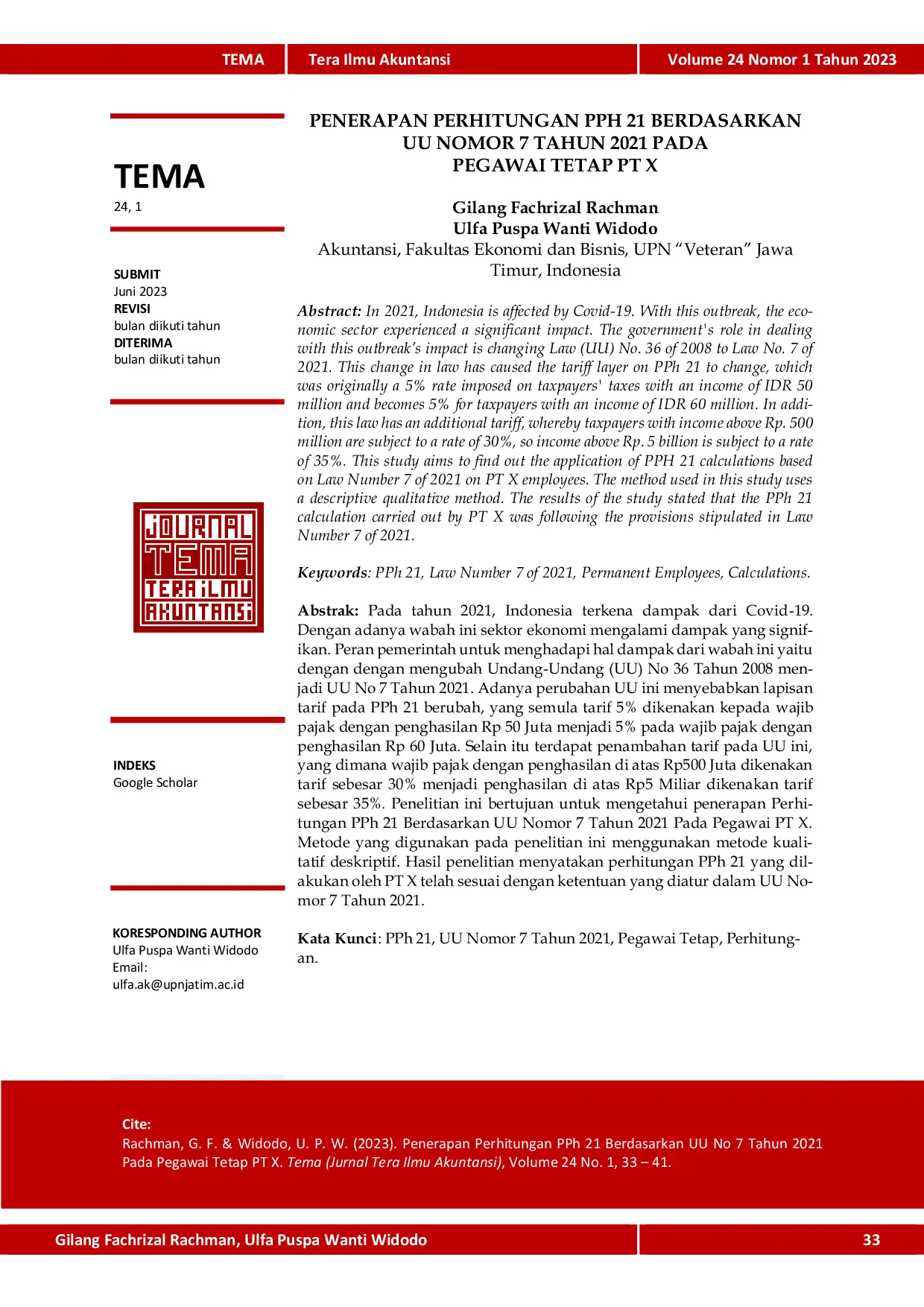 JURIS Penerapan Perhitungan Pph 21 Berdasarkan Uu Nomor 7 Tahun 2021 Pada Pegawai Tetap Pt X