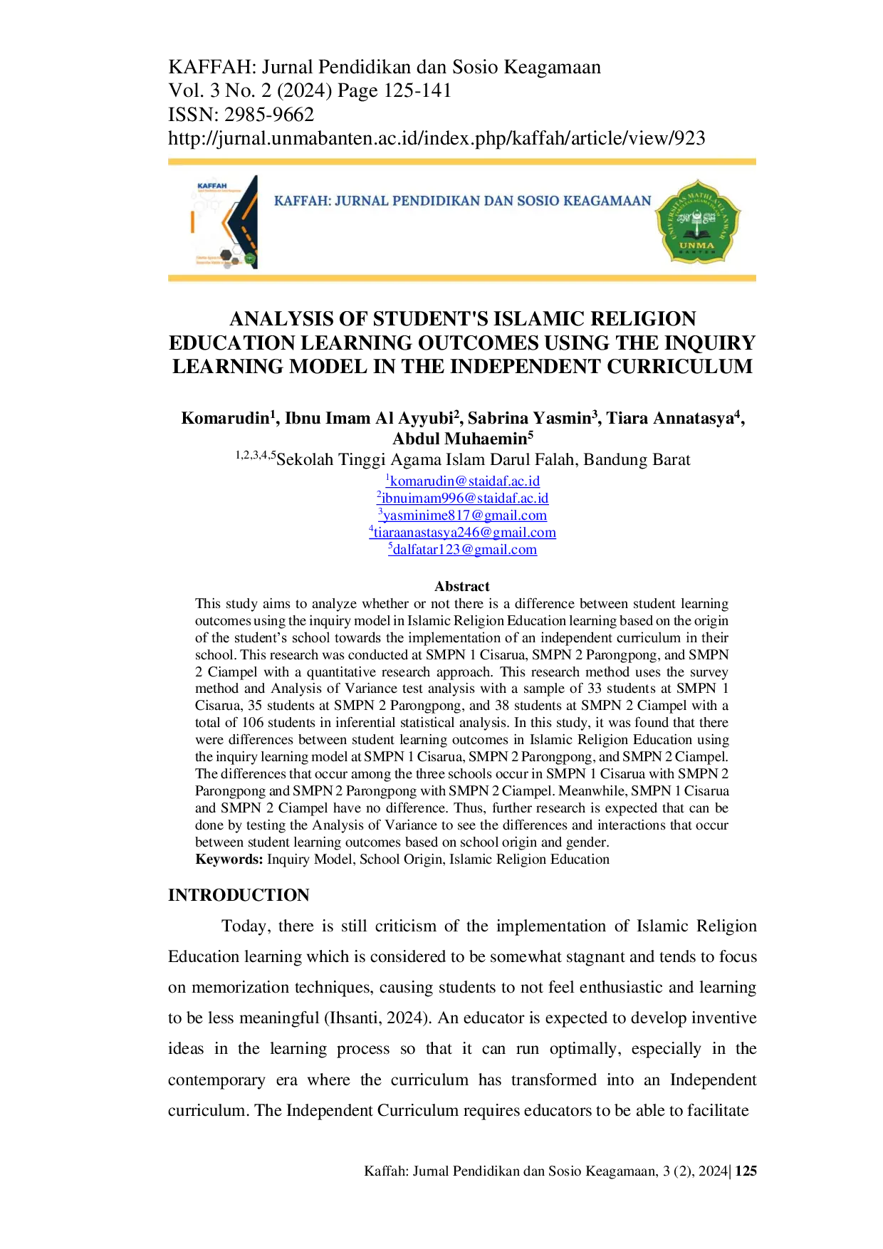 JURIS Analysis of Student s Islamic Religion Education Learning Outcomes Using the Inquiry Learning Model in the Independent Curriculum