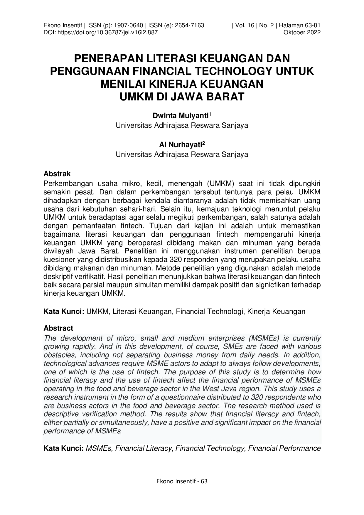 juris Penerapan Literasi Keuangan Dan Penggunaan Financial Technology Untuk Menilai Kinerja Keuangan UMKM Di Jawa Barat