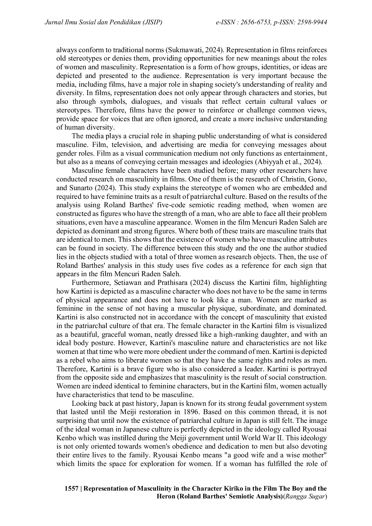 JURIS Representation of Masculinity in the Character Kiriko in the Film The Boy and the Heron Roland Barthes Semiotic Analysis