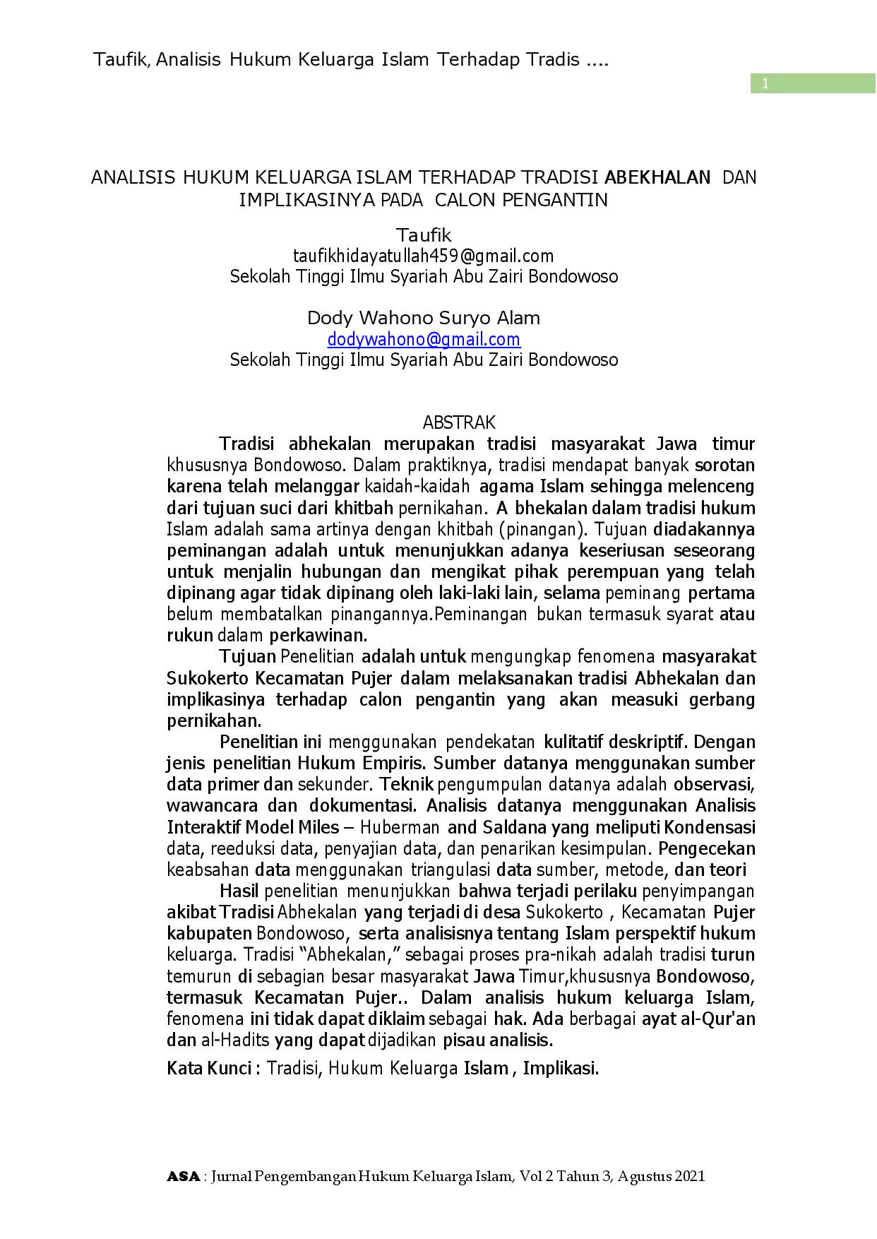 juris Analisis Hukum Keluarga Islam Terhadap Tradisi Abekhalan Dan Implikasinya Pada Calon Pengantin