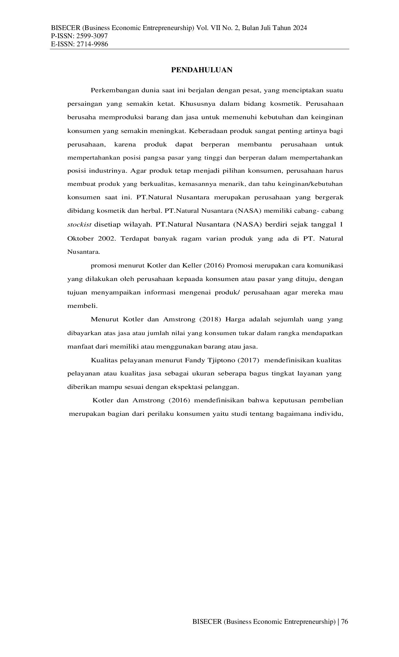 JURIS Pengaruh Promosi Harga Kualitas Pelayanan Terhadap Keputusan Pembelian Produk Pt Natural Nusantara