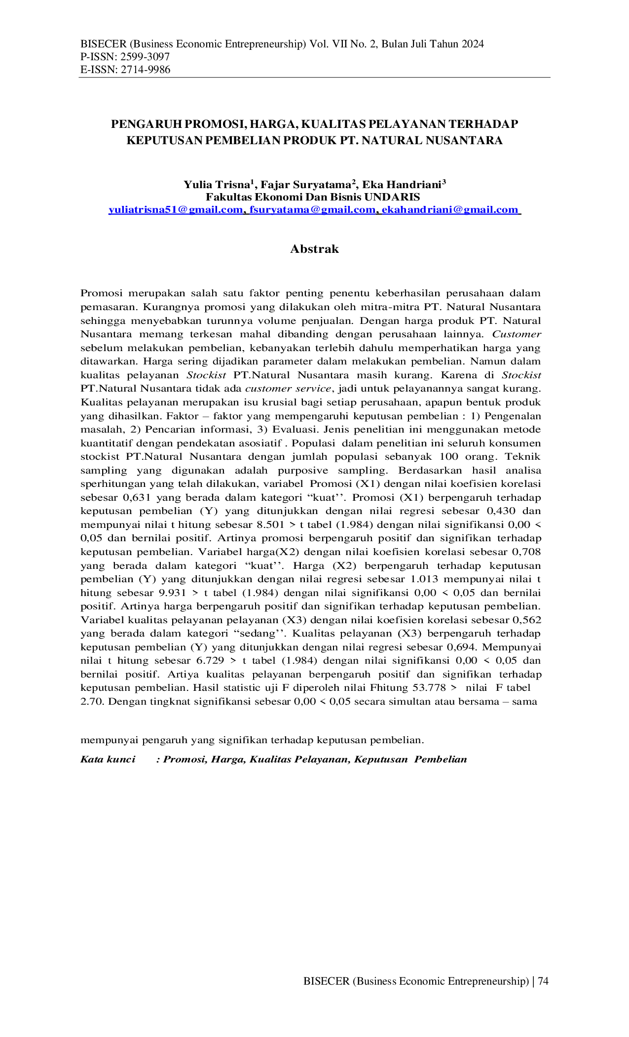 JURIS Pengaruh Promosi Harga Kualitas Pelayanan Terhadap Keputusan Pembelian Produk Pt Natural Nusantara