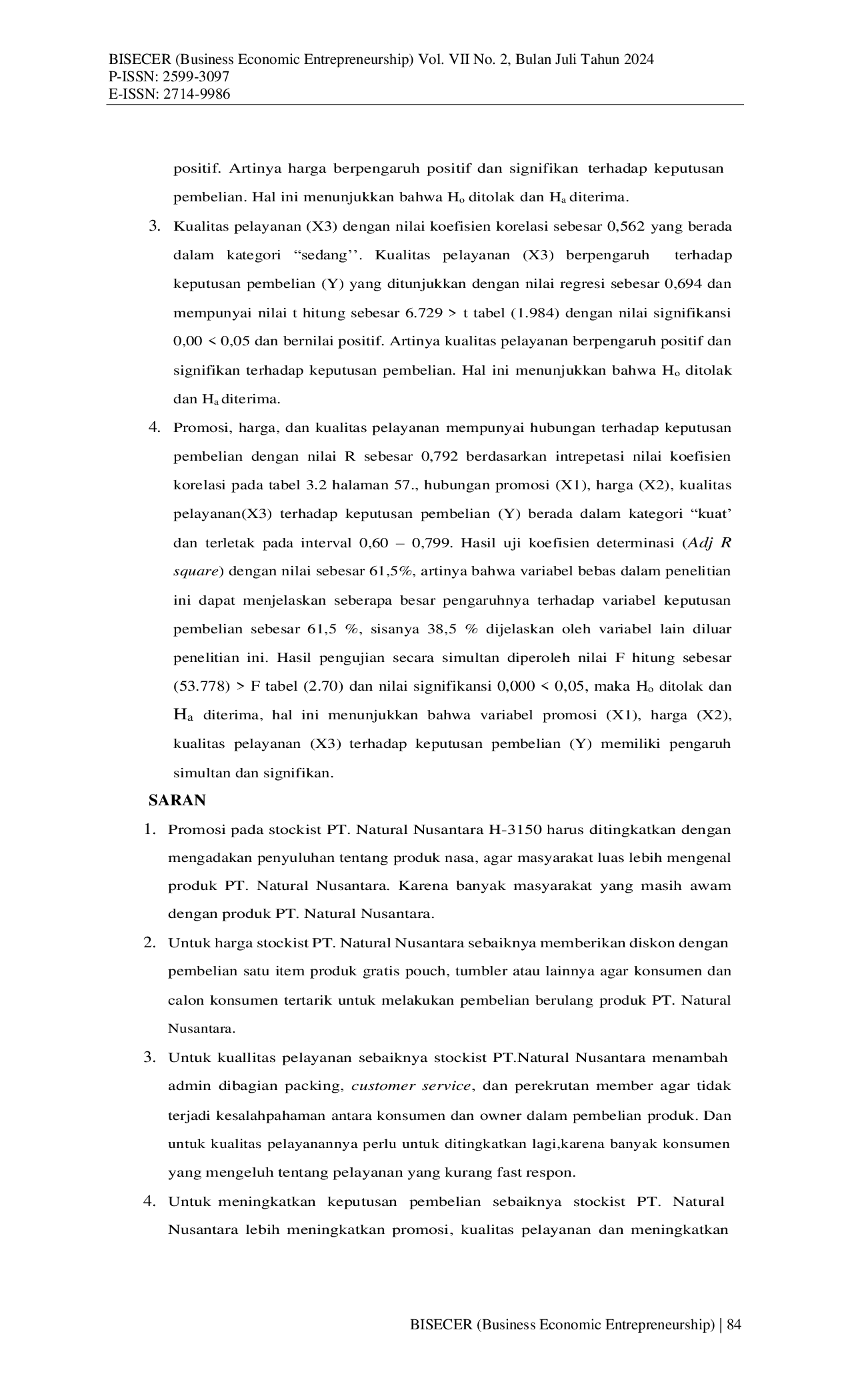 JURIS Pengaruh Promosi Harga Kualitas Pelayanan Terhadap Keputusan Pembelian Produk Pt Natural Nusantara