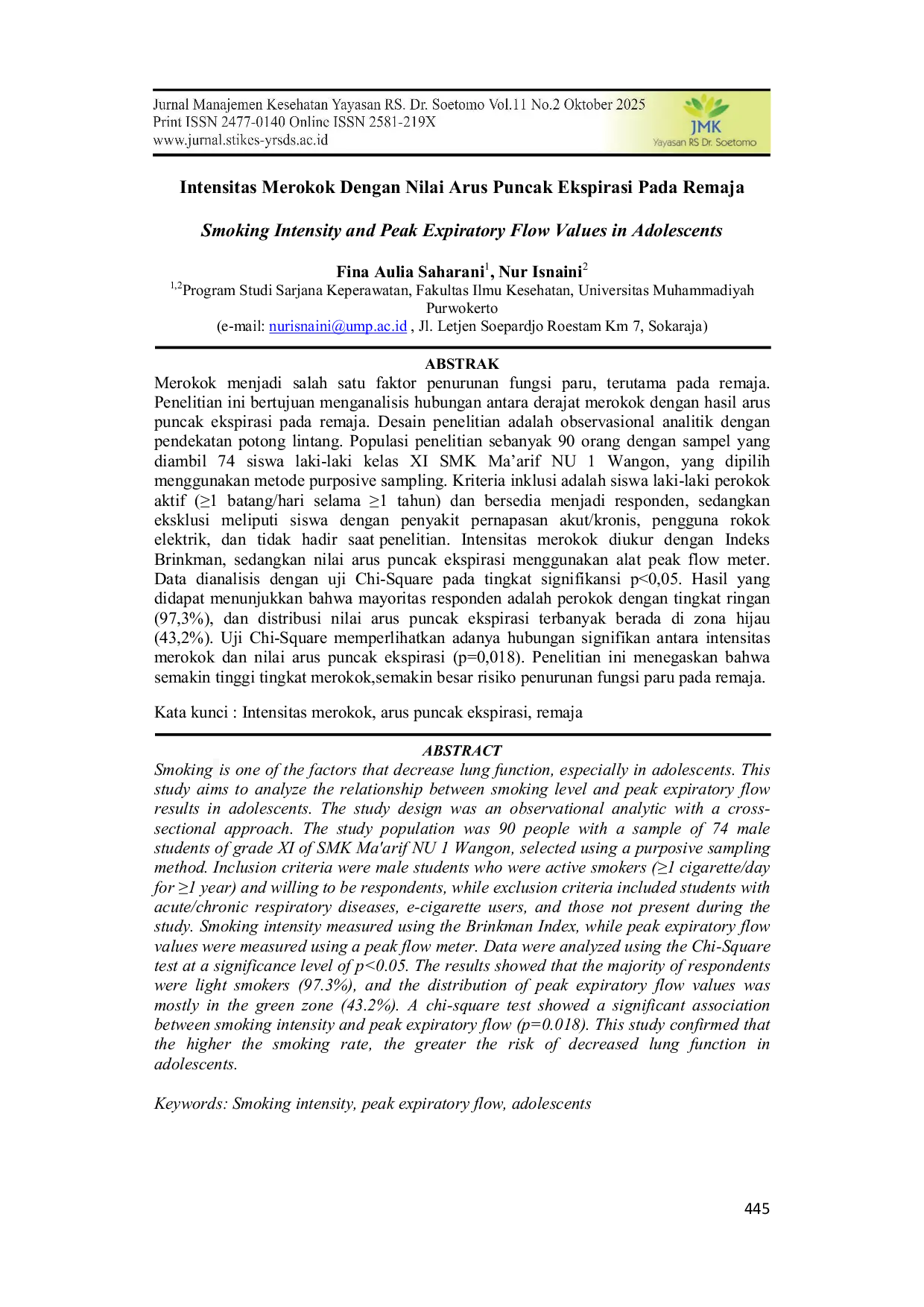 JURIS Intensitas Merokok Dengan Nilai Arus Puncak Ekspirasi Pada Remaja