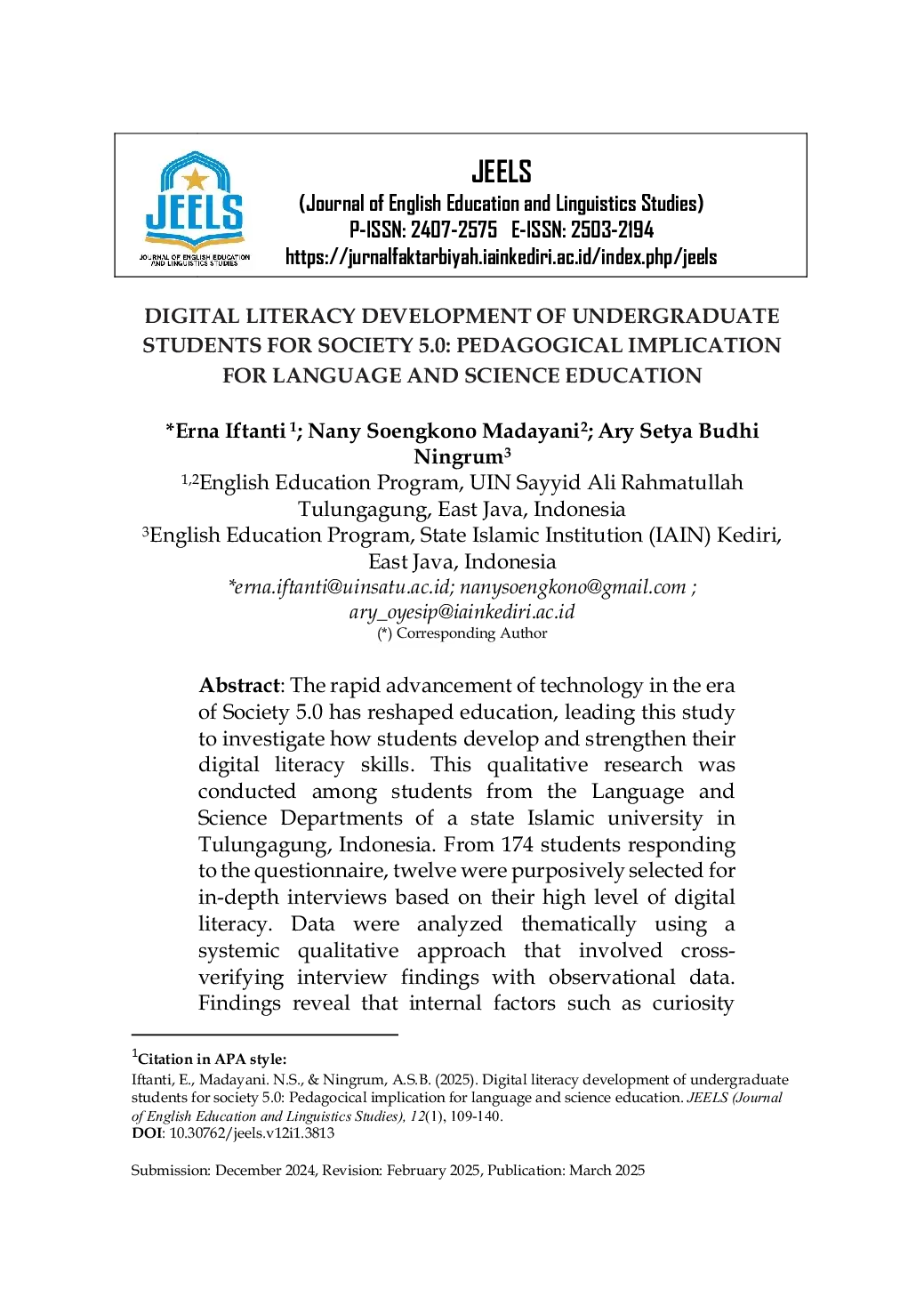 JURIS Digital literacy development of undergraduate students for Society 5 0 pedagogical implication for language and science education
