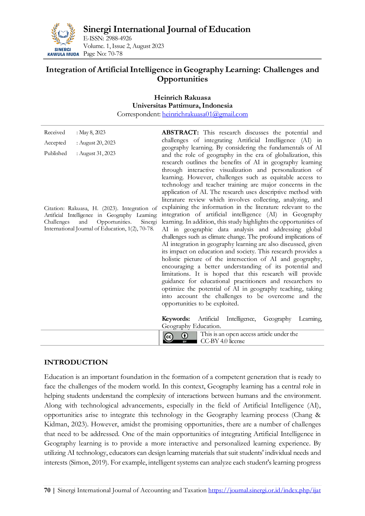 JURIS Integration of Artificial Intelligence in Geography Learning Challenges and Opportunities