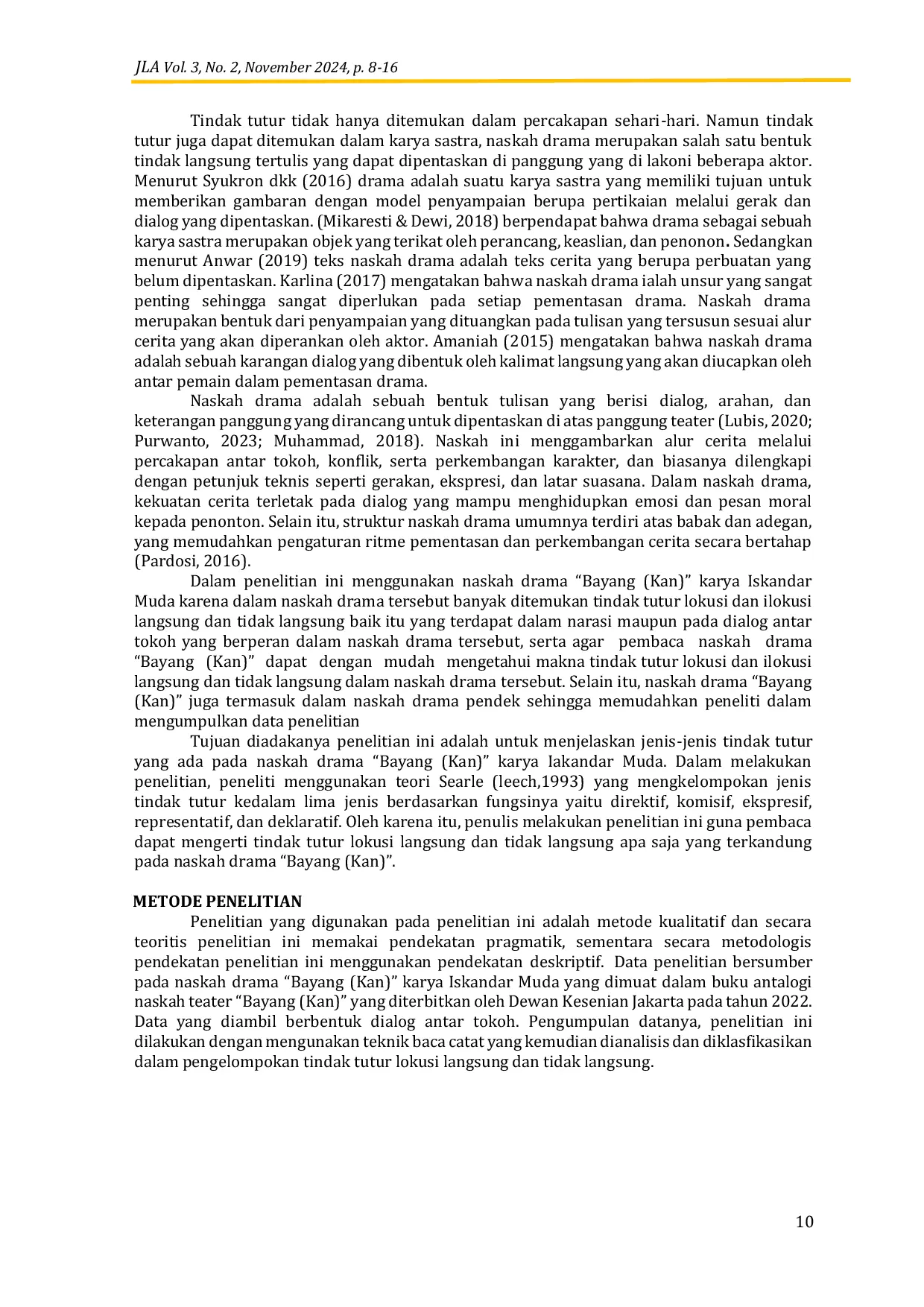 JURIS Tindak Tutur Langsung Dan Tidak Langsung Pada Naskah Drama Bayang Kan Karya Iskandar Muda