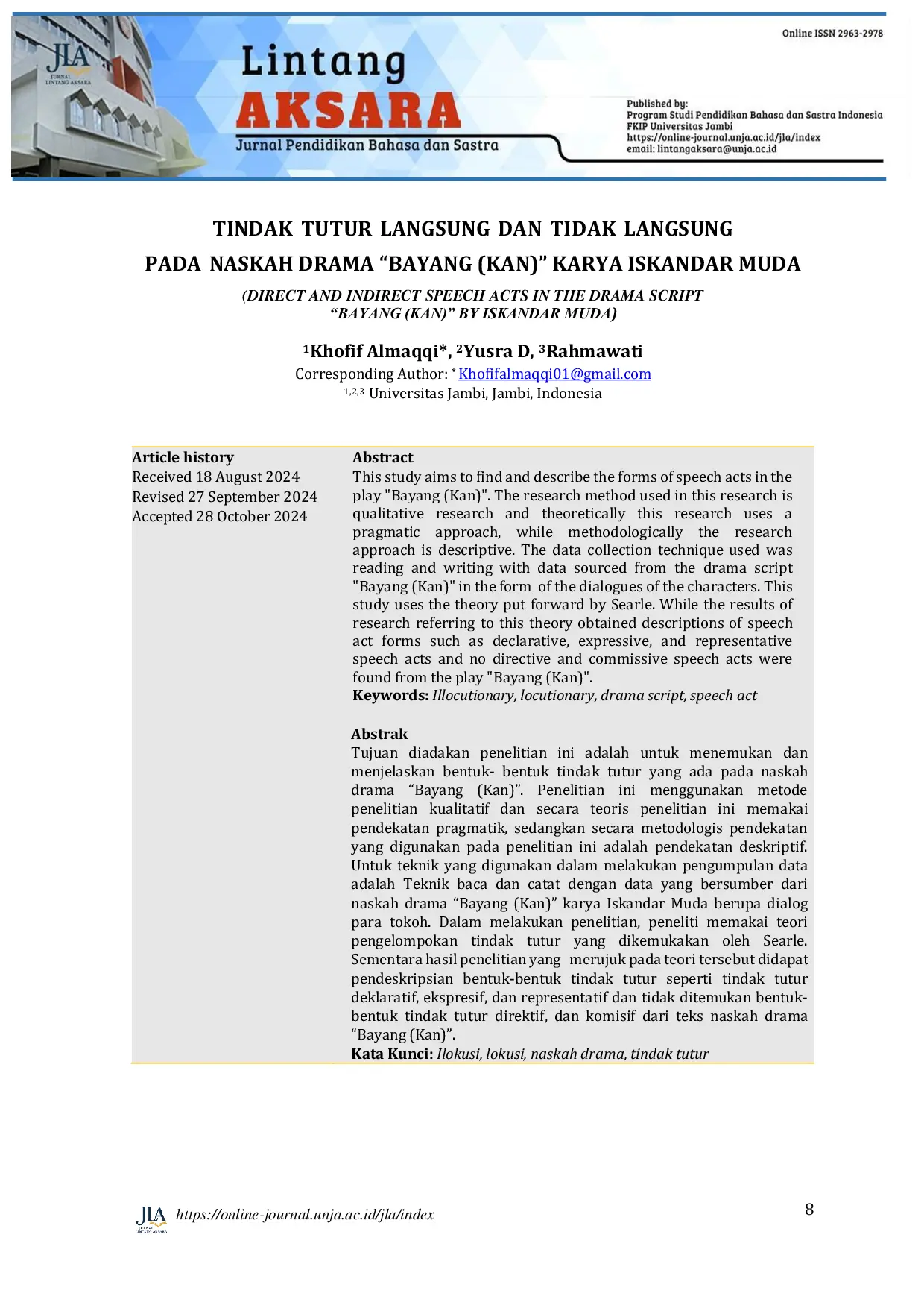 JURIS Tindak Tutur Langsung Dan Tidak Langsung Pada Naskah Drama Bayang Kan Karya Iskandar Muda