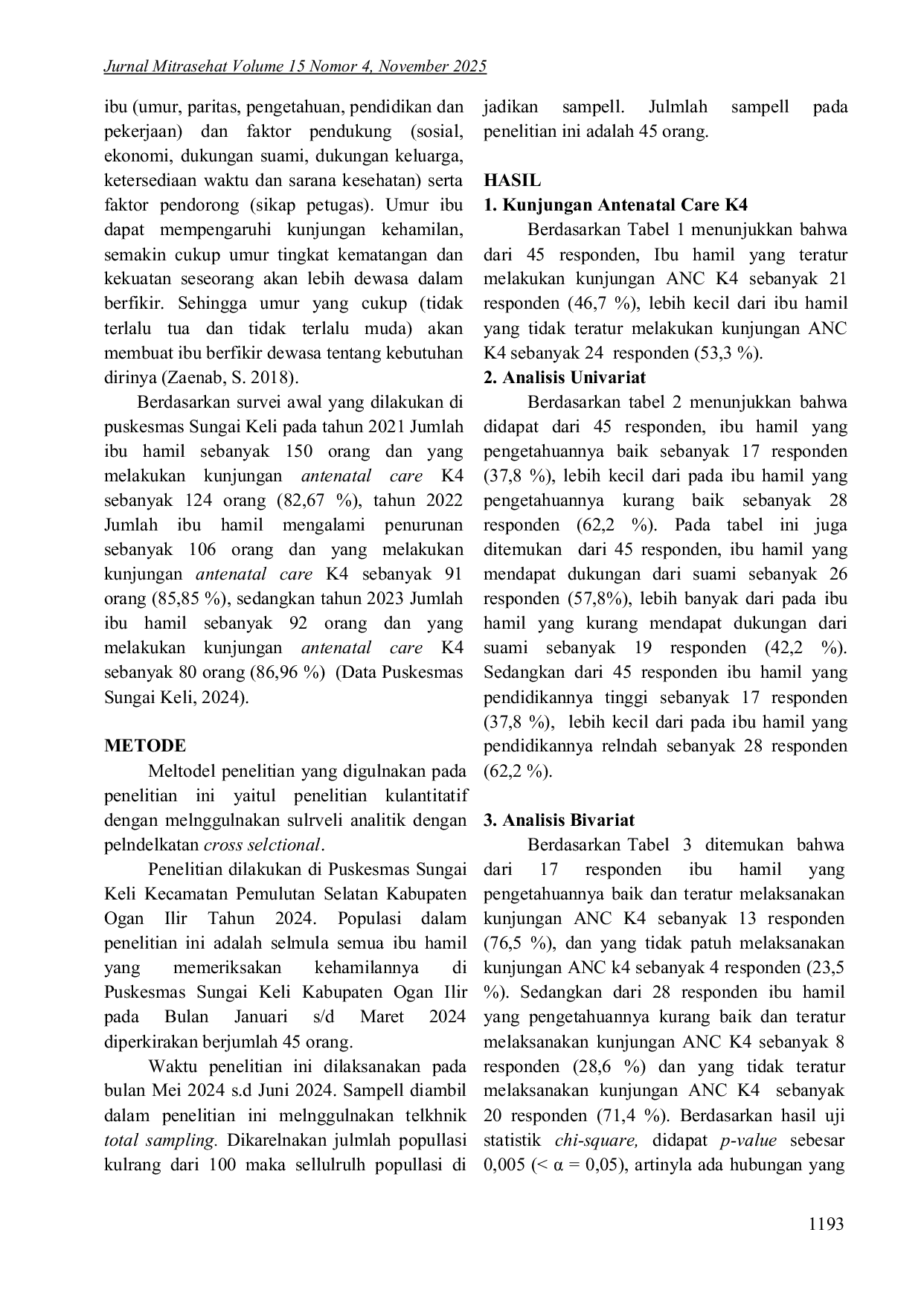 JURIS Faktor Yang Berhubungan Dengan Kunjungan Antenatal Care K4 Pada Ibu Hamil Di Puskesmas Sungai Keli