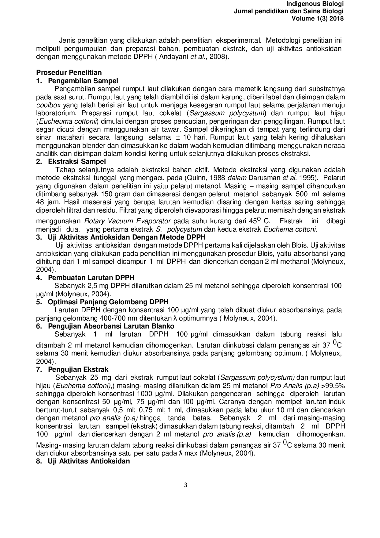 JURIS UJI AKTIVITAS ANTIOKSIDAN PADA GANGGANG COKELAT Sargassum polycystum DAN GANGANG HIJAU Euchema cottoni PADA PERAIRAN DAHI AE