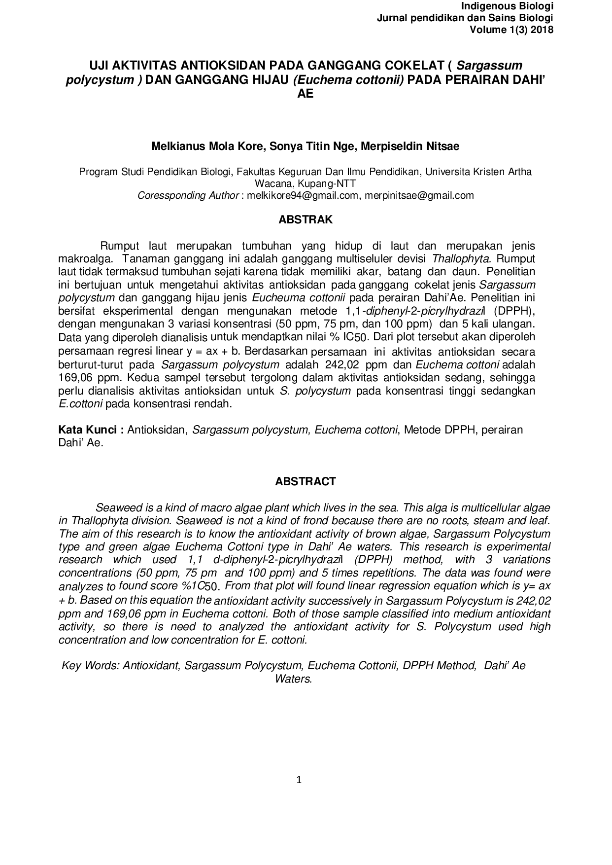 JURIS UJI AKTIVITAS ANTIOKSIDAN PADA GANGGANG COKELAT Sargassum polycystum DAN GANGANG HIJAU Euchema cottoni PADA PERAIRAN DAHI AE