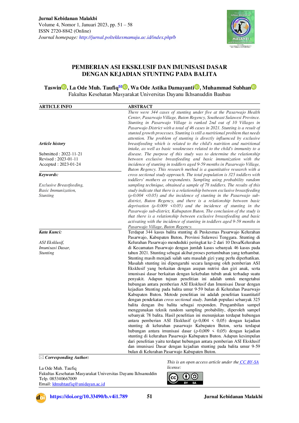 JURIS Pemberian ASI Eksklusif dan Imunisasi Dasar dengan Kejadian Stunting Pada Balita