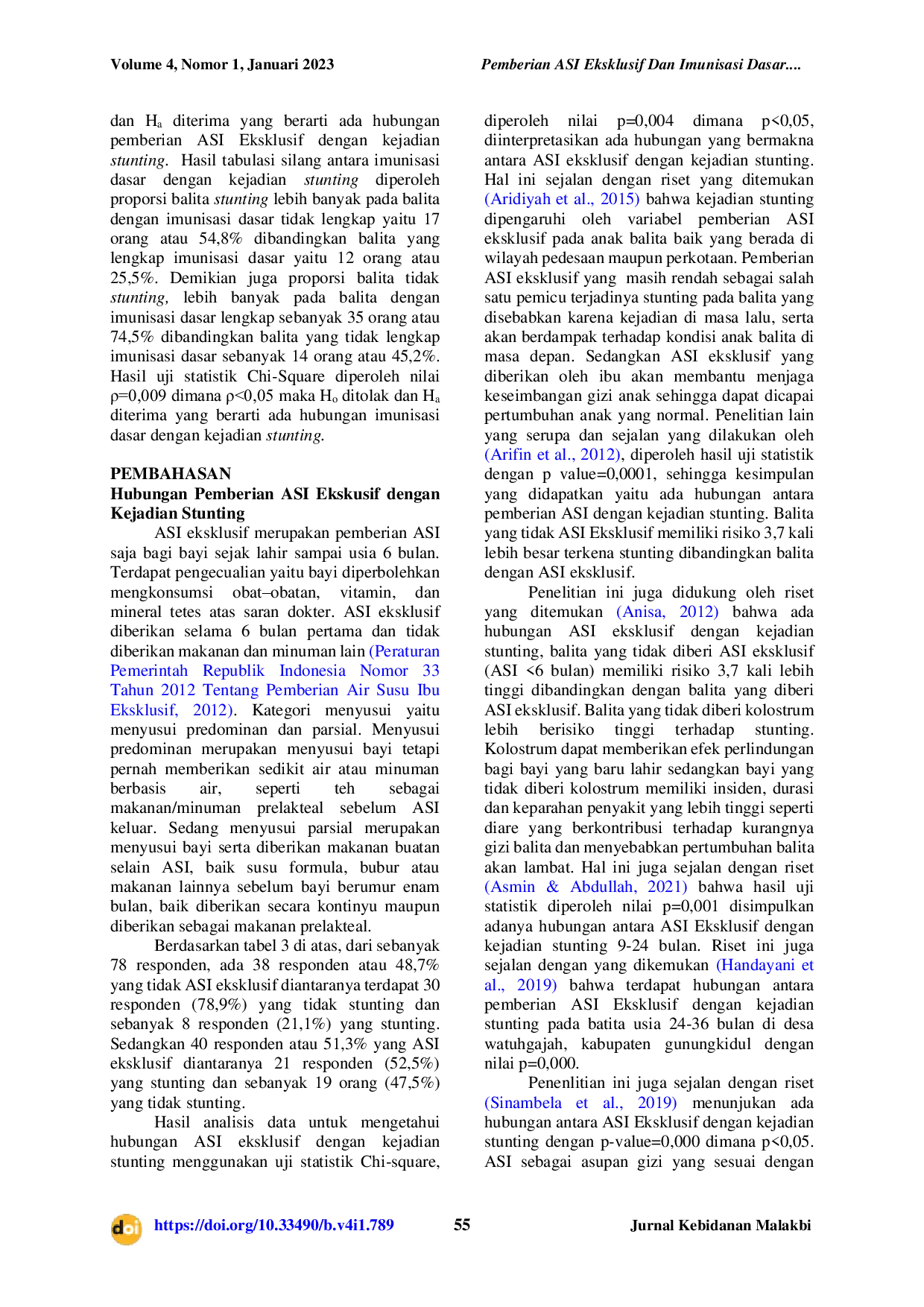JURIS Pemberian ASI Eksklusif dan Imunisasi Dasar dengan Kejadian Stunting Pada Balita
