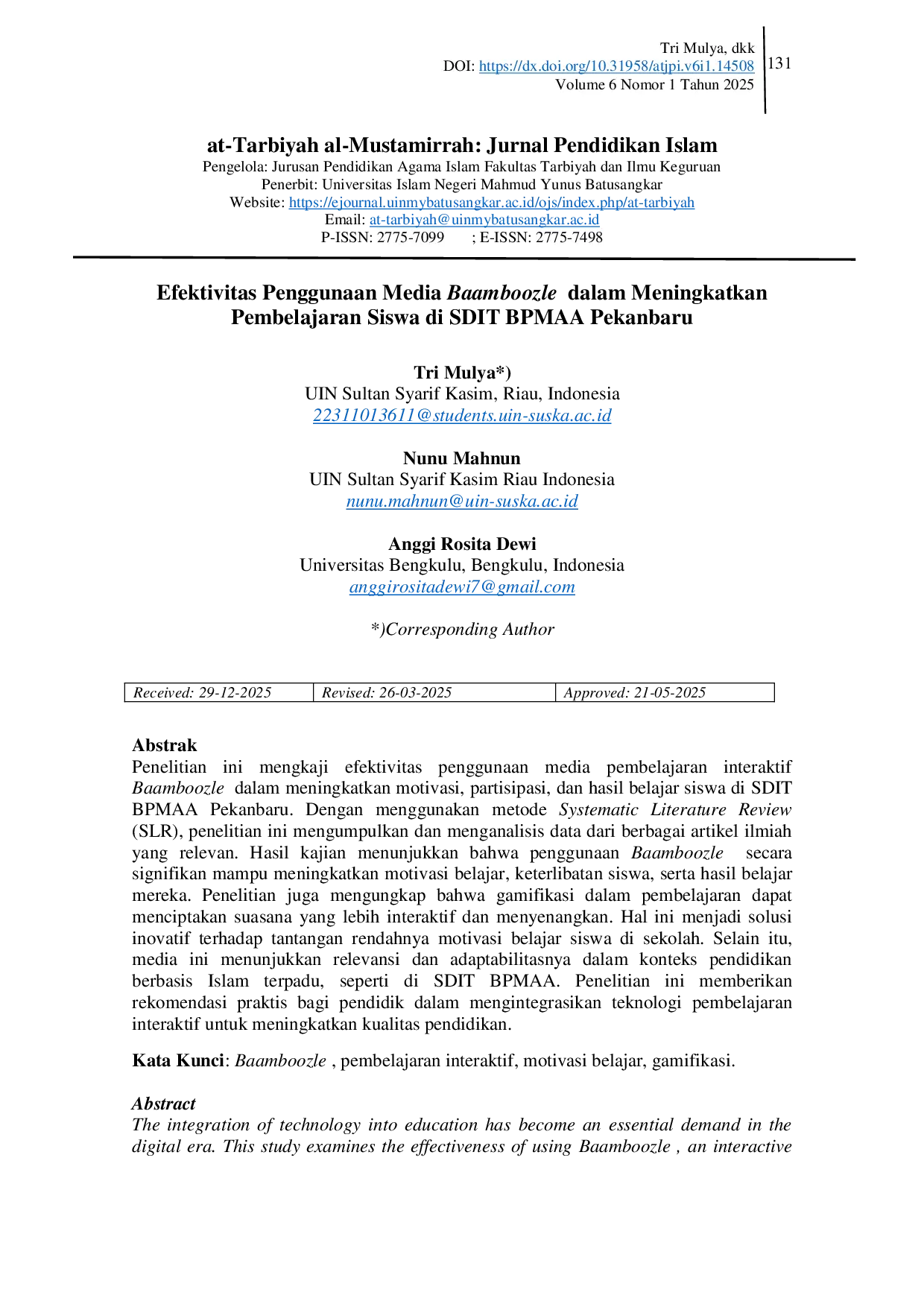 JURIS Efektivitas Penggunaan Media Bamboozle dalam Meningkatkan Pembelajaran Siswa di SDIT BPMAA Pekanbaru