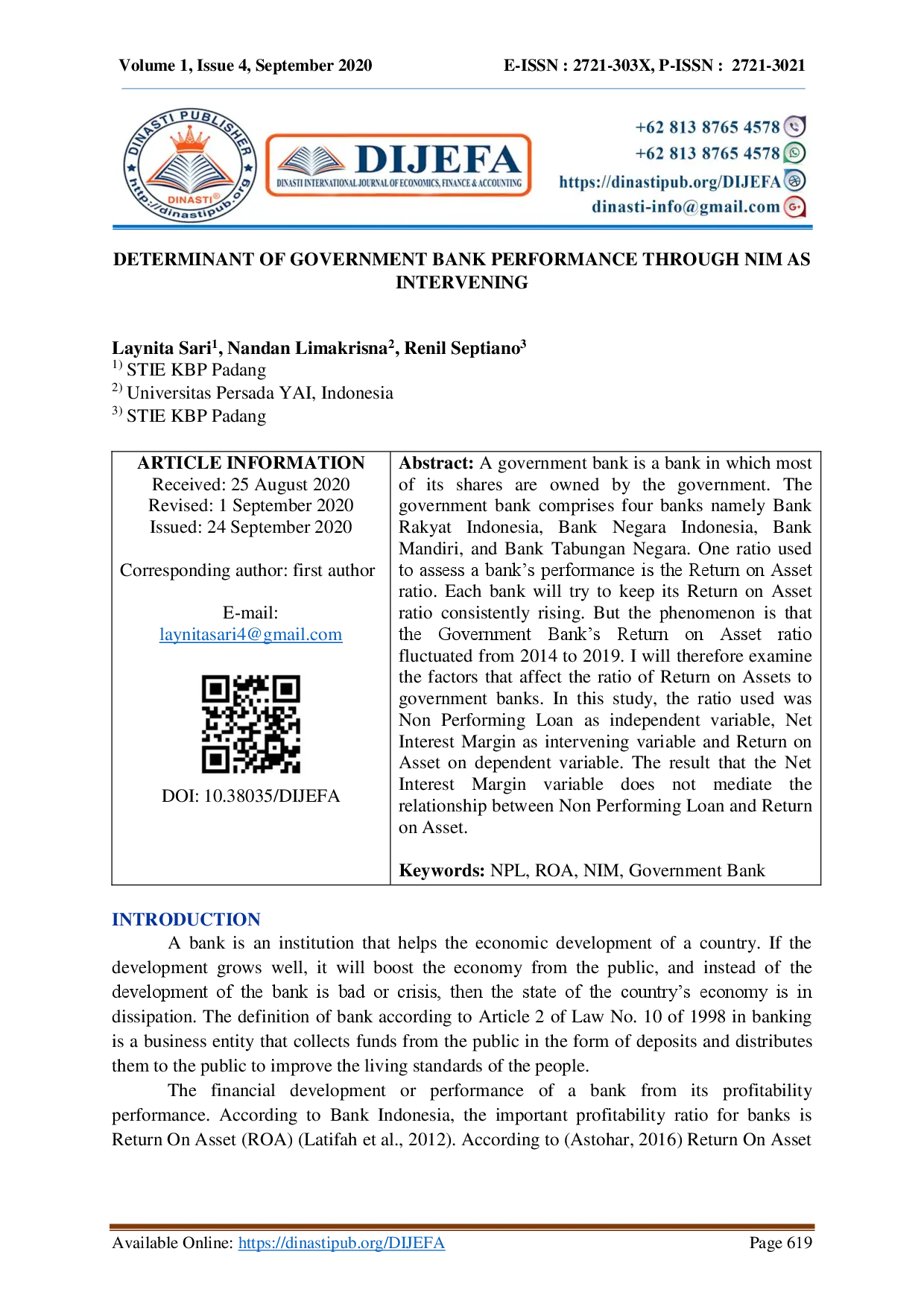juris Determinant of Government Bank Performance Through NIM as Intervening