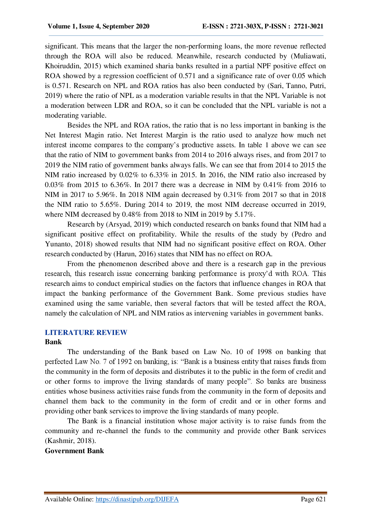 juris Determinant of Government Bank Performance Through NIM as Intervening
