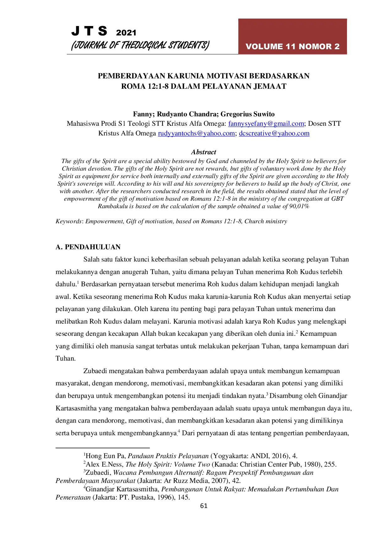 JURIS Pemberdayaan Karunia Motivasi Berdasarkan Roma 12 1 8 Dalam Pelayanan Jemaat
