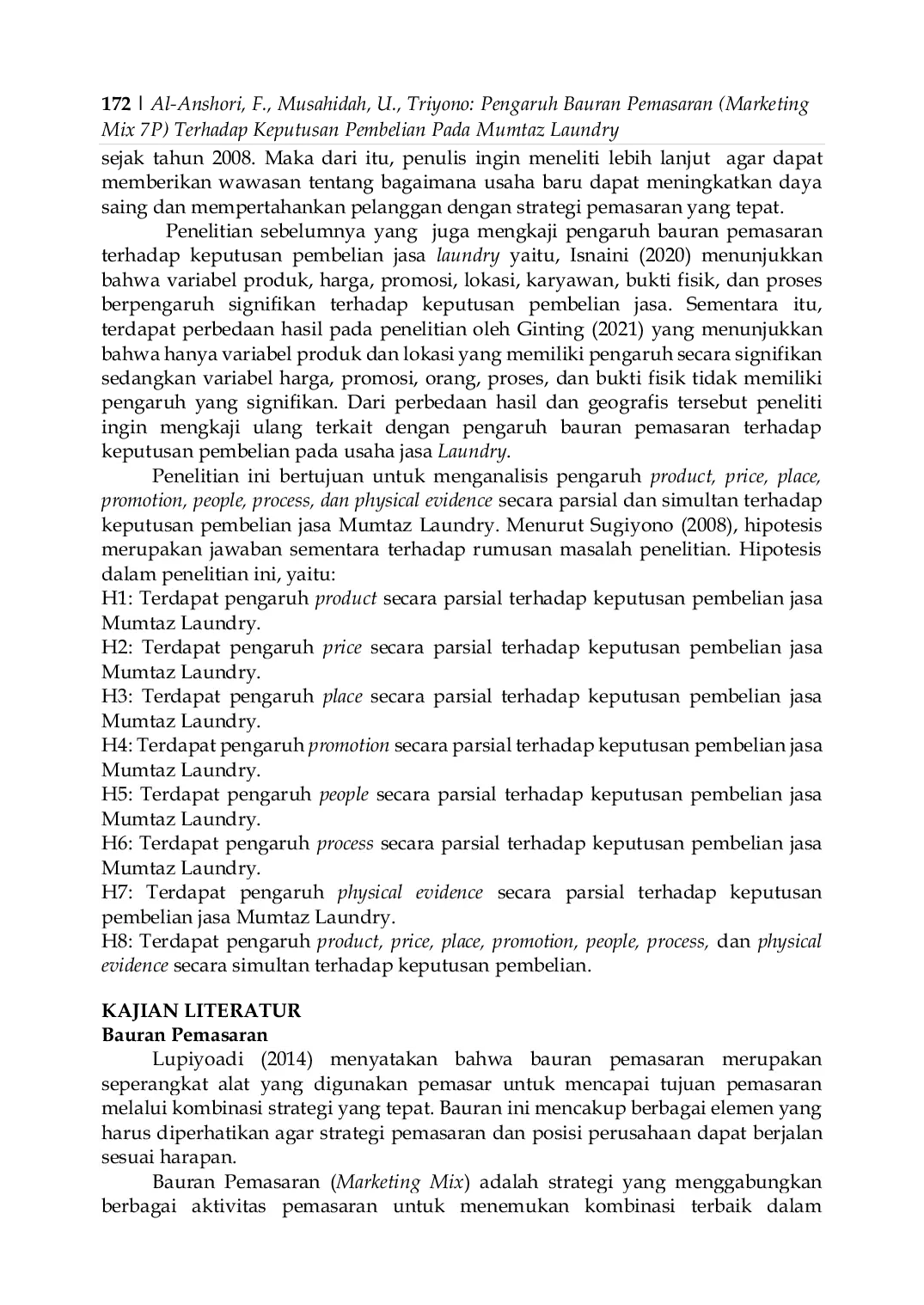 JURIS Pengaruh Bauran Pemasaran Marketing Mix 7P Terhadap Keputusan Pembelian Pada Mumtaz Laundry