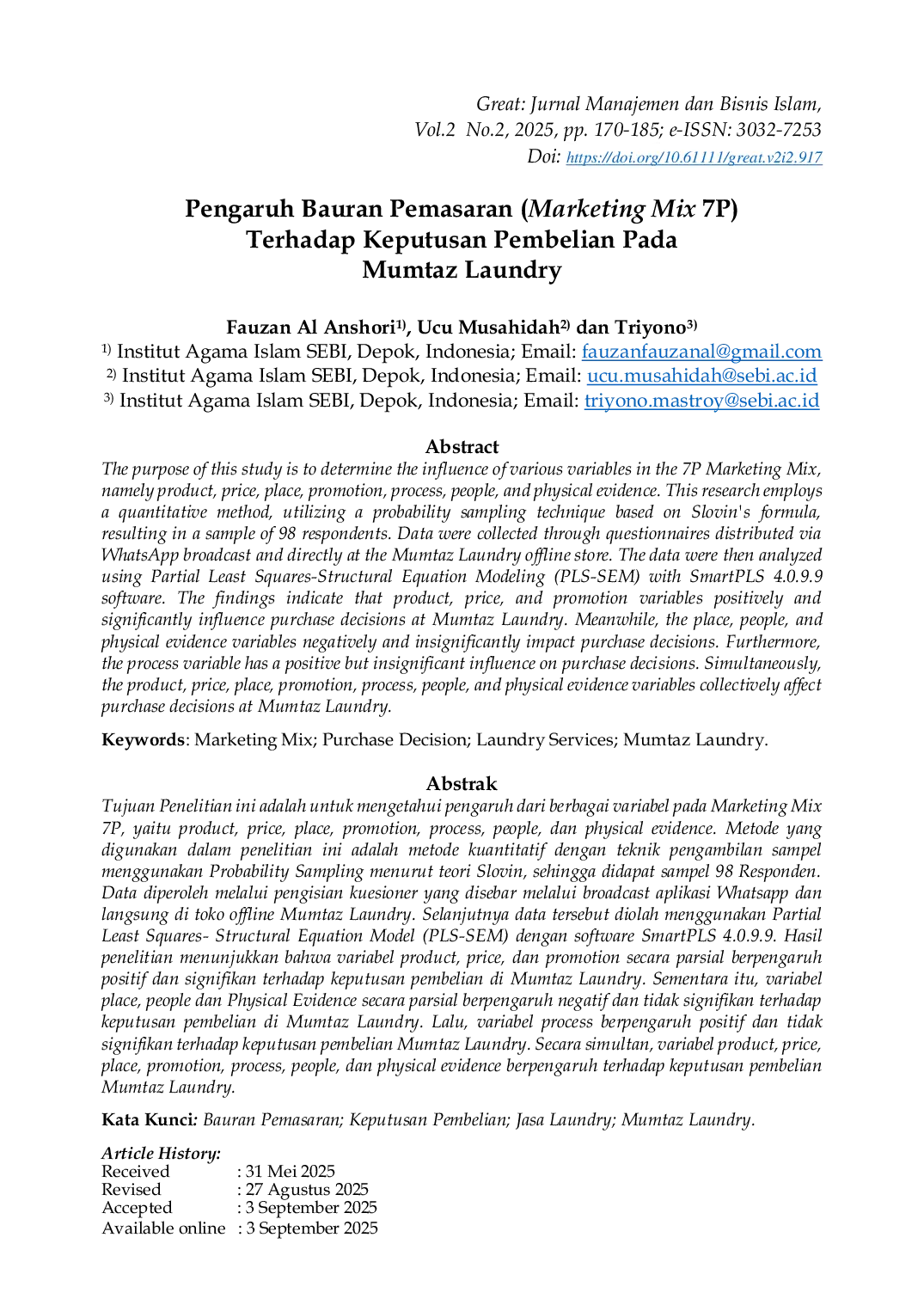 JURIS Pengaruh Bauran Pemasaran Marketing Mix 7P Terhadap Keputusan Pembelian Pada Mumtaz Laundry