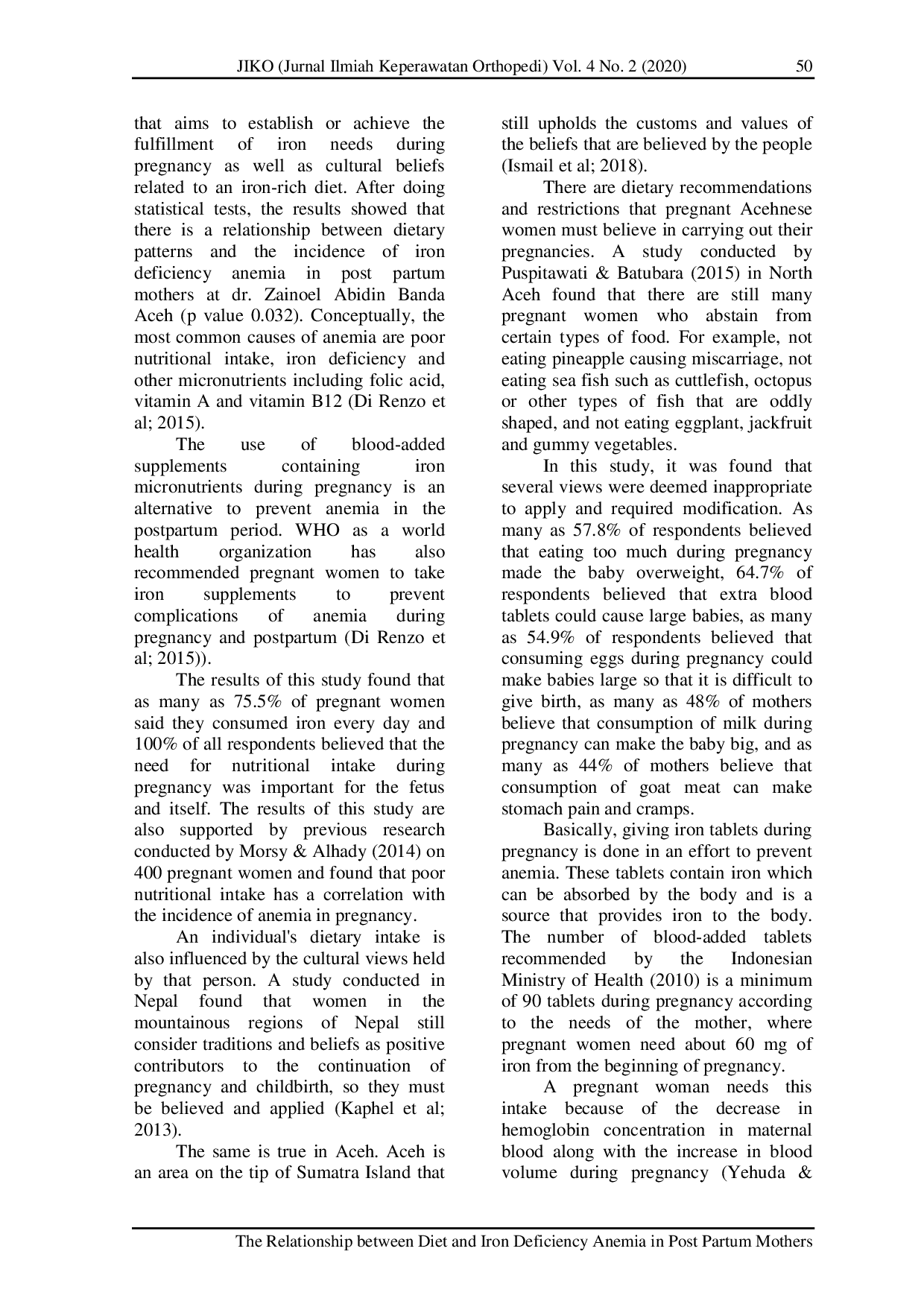 JURIS The Relationship between Diet and Iron Deficiency Anemia in Post Partum Mothers in Dr Zainoel Abidin Banda Aceh in 2019