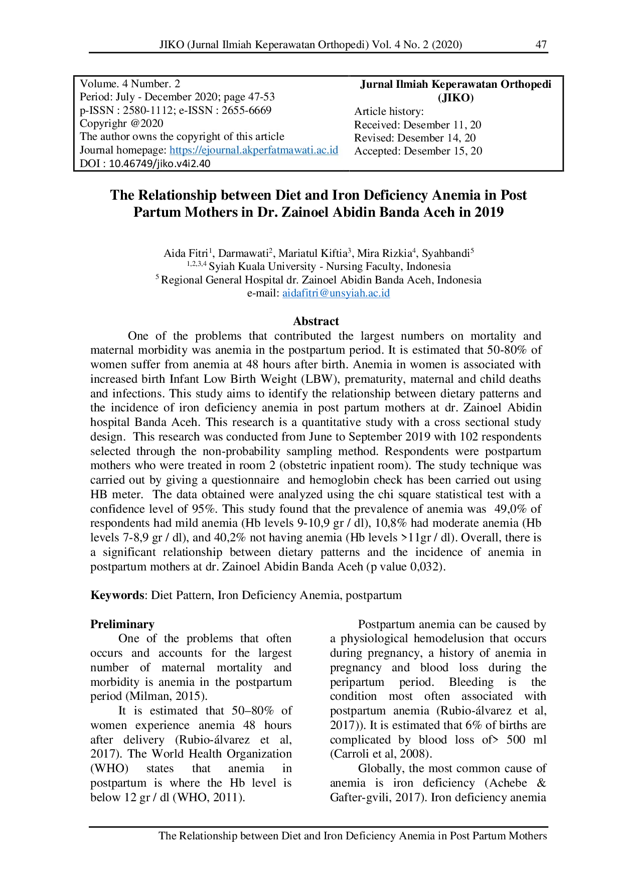 JURIS The Relationship between Diet and Iron Deficiency Anemia in Post Partum Mothers in Dr Zainoel Abidin Banda Aceh in 2019