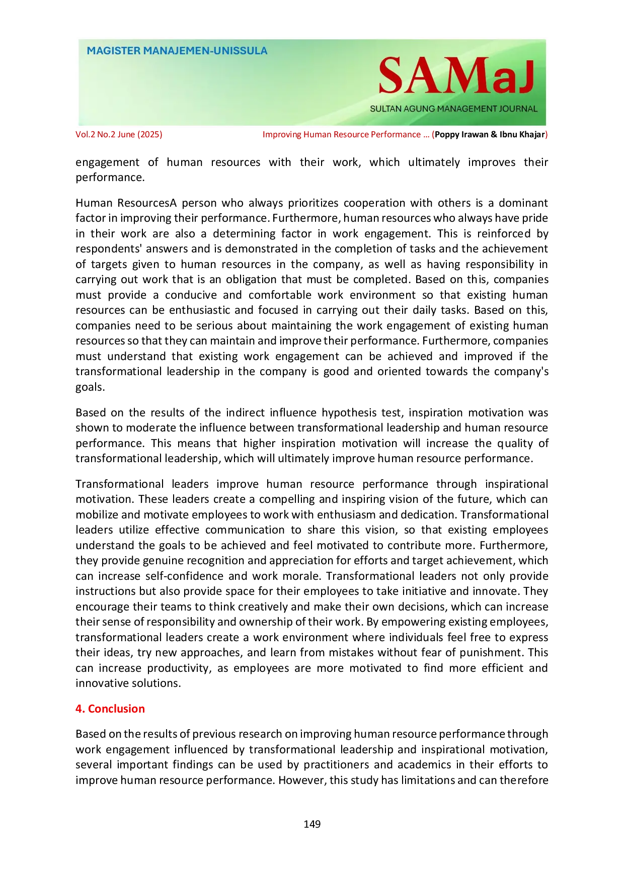 JURIS Improving Human Resource Performance Through Work Engagement as an Intervening Variable Influenced by Transformational Leadership and Inspirational Motivation