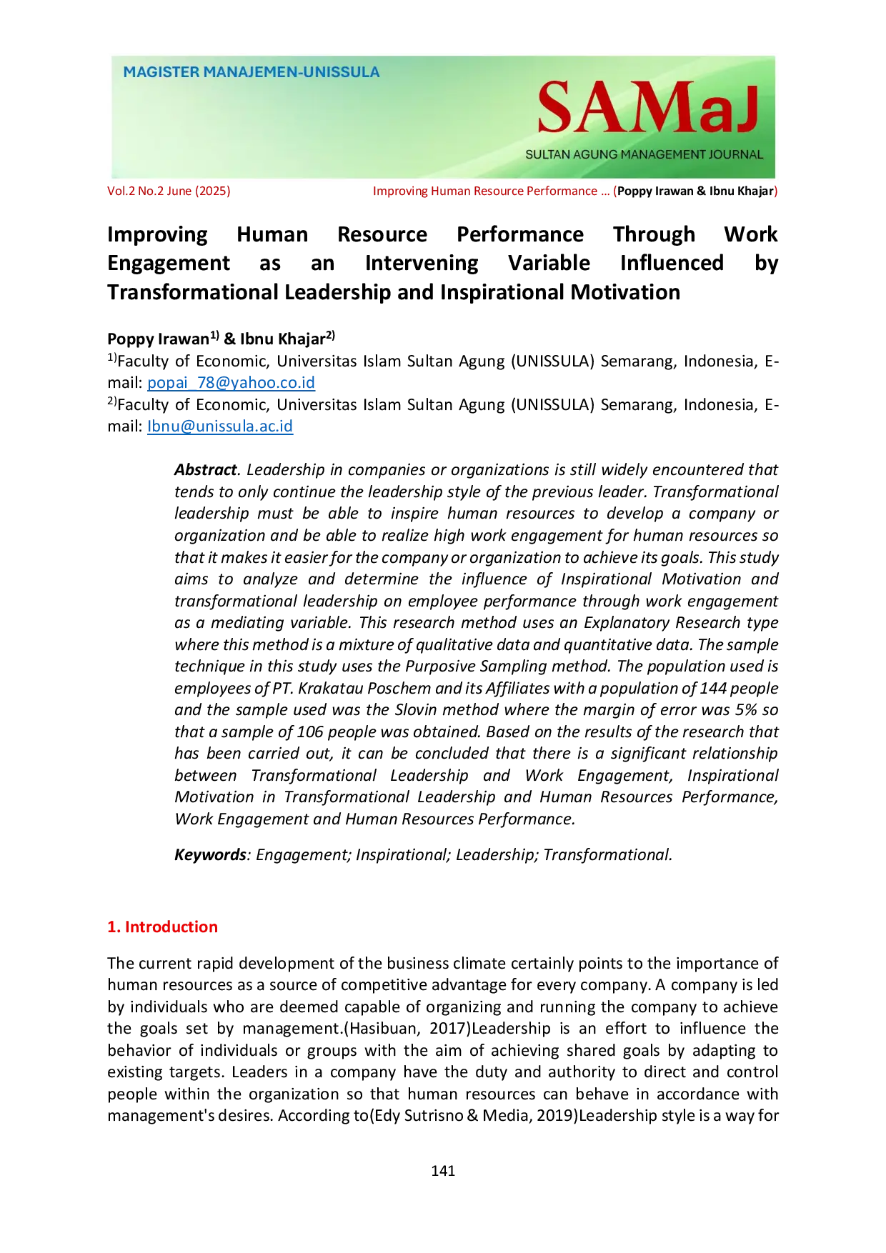 JURIS Improving Human Resource Performance Through Work Engagement as an Intervening Variable Influenced by Transformational Leadership and Inspirational Motivation