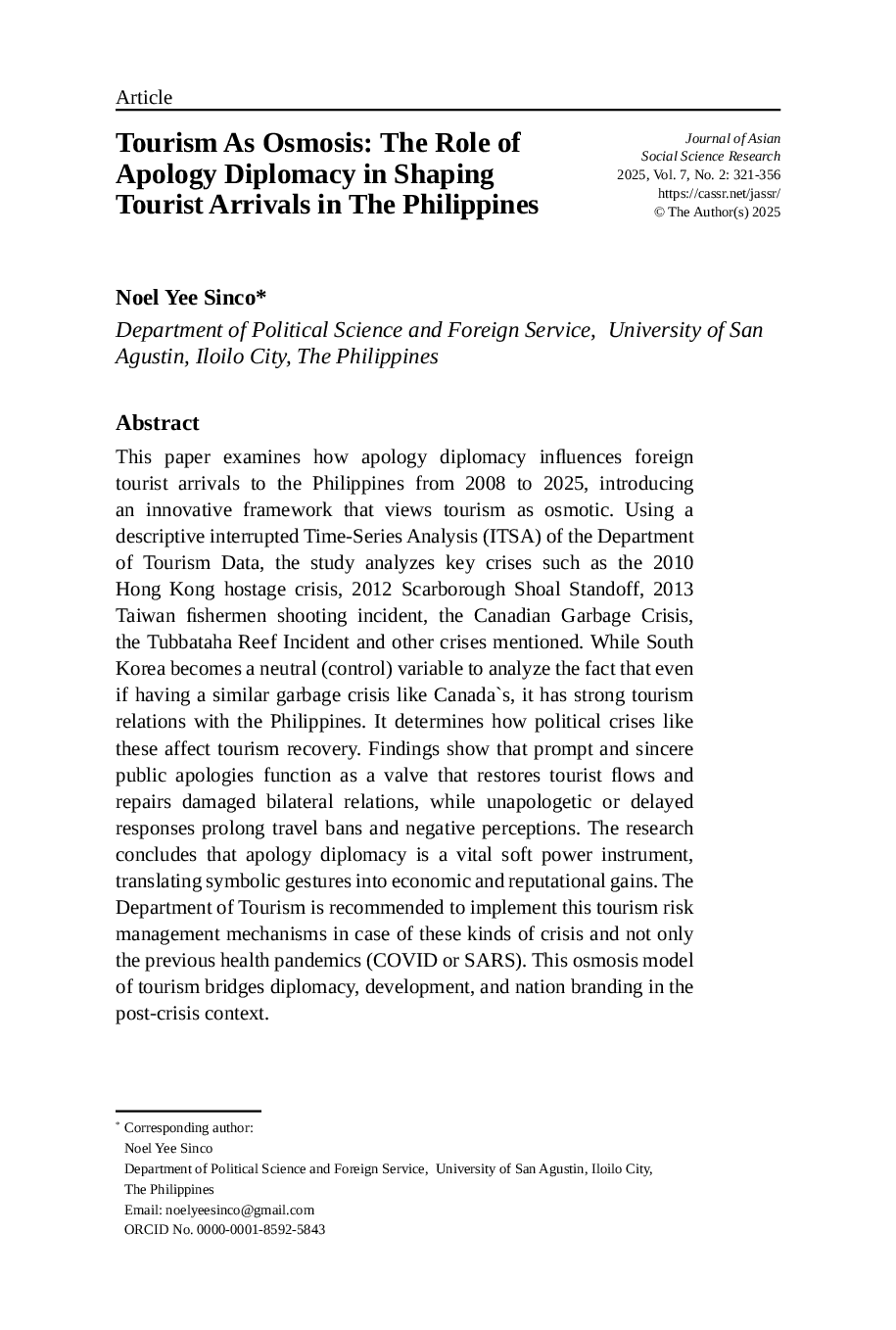 JURIS Tourism As Osmosis The Role of Apology Diplomacy in Shaping Tourist Arrivals in The Philippines