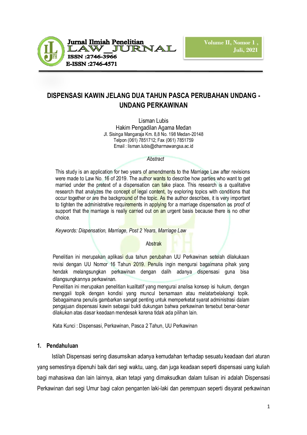 JURIS Dispensasi Kawin Jelang Dua Tahun Pasca Perubahan Undang Undang Perkawinan