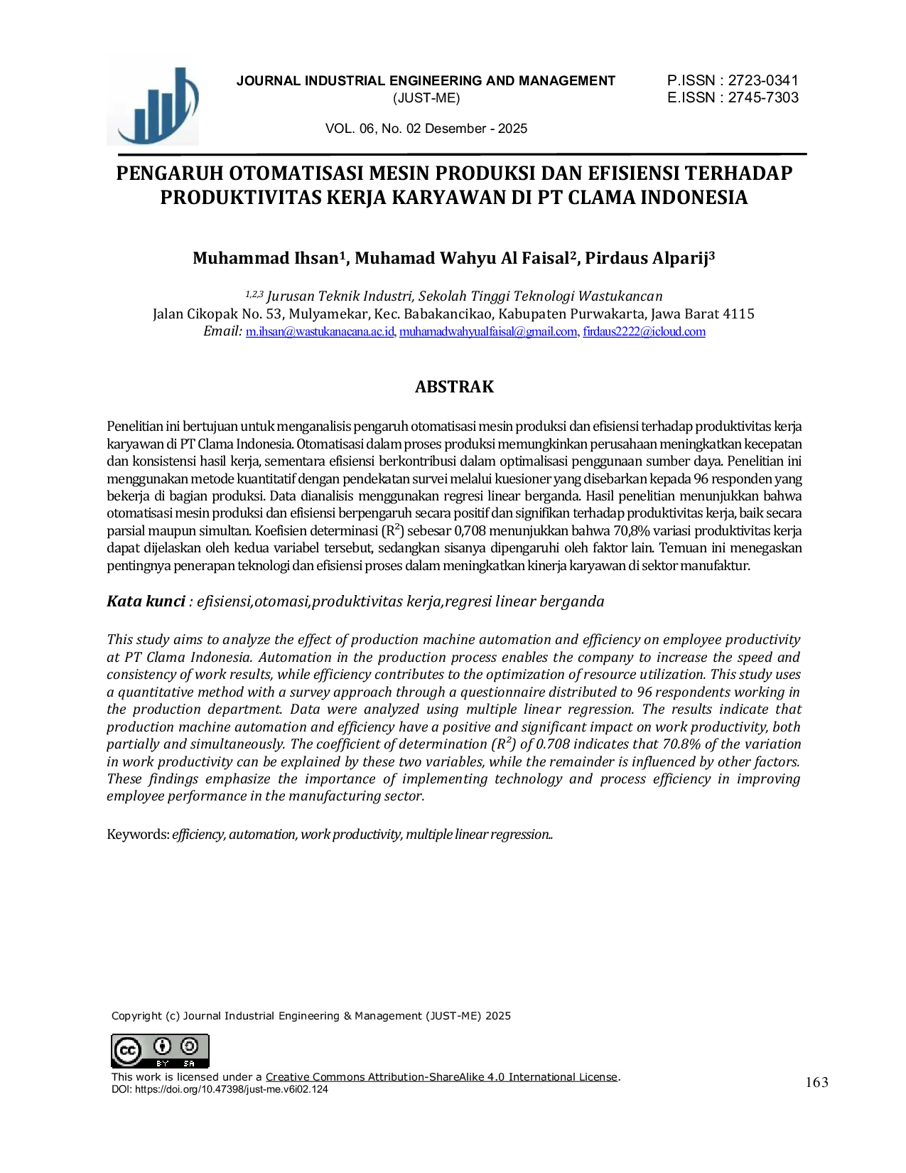 JURIS Pengaruh Otomatisasi Mesin Produksi Dan Efisiensi Terhadap Produktivitas Kerja Karyawan Di Pt Clama Indonesia
