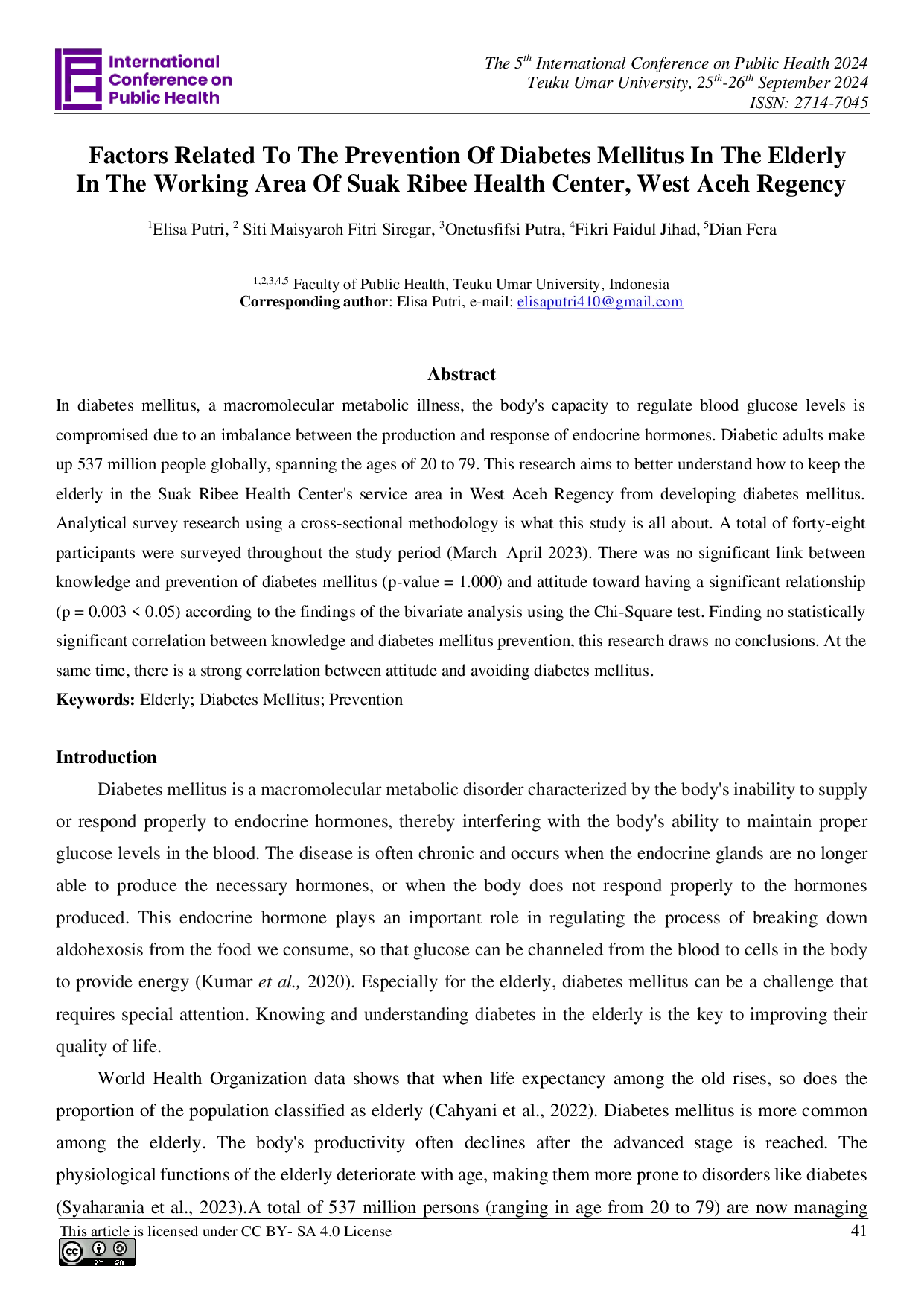 JURIS Factors Related To The Prevention Of Diabetes Mellitus In The Elderly In The Working Area Of Suak Ribee Health Center West Aceh Regency