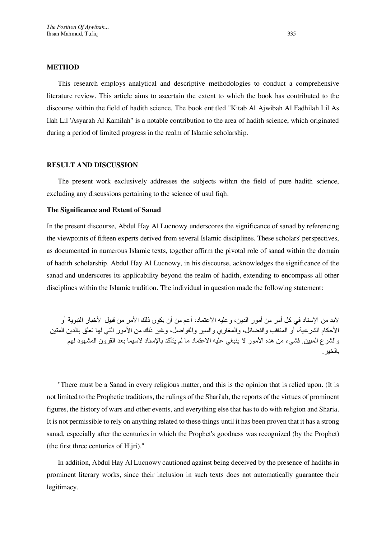 JURIS The Position of Ajwibah Al Fadhilah Lil As Ilah Al Asyarah Al Kamilah in Hadith Literature