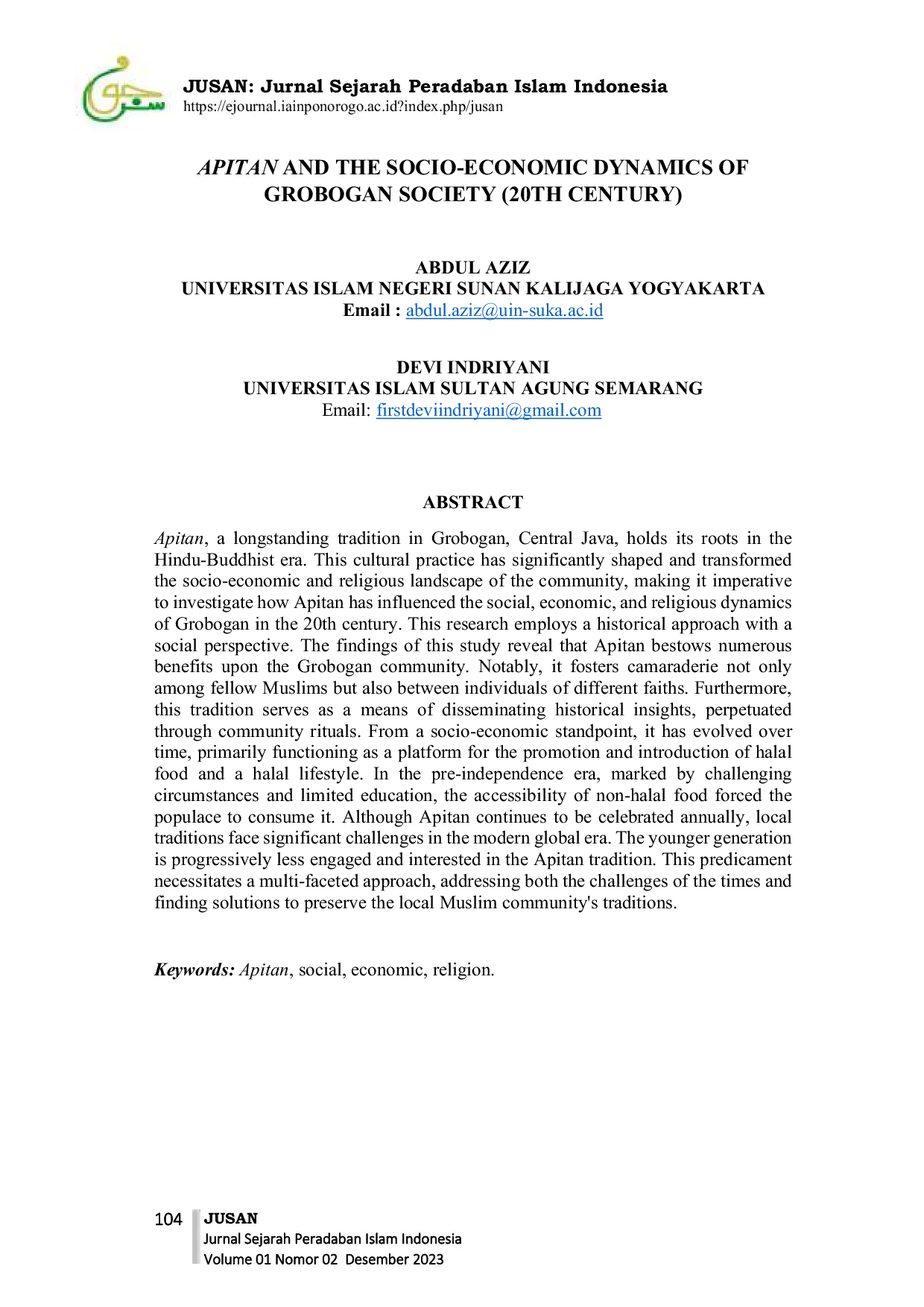 JURIS Apitan and the Socio Economic Dynamics of Grobogan Society 20th Century
