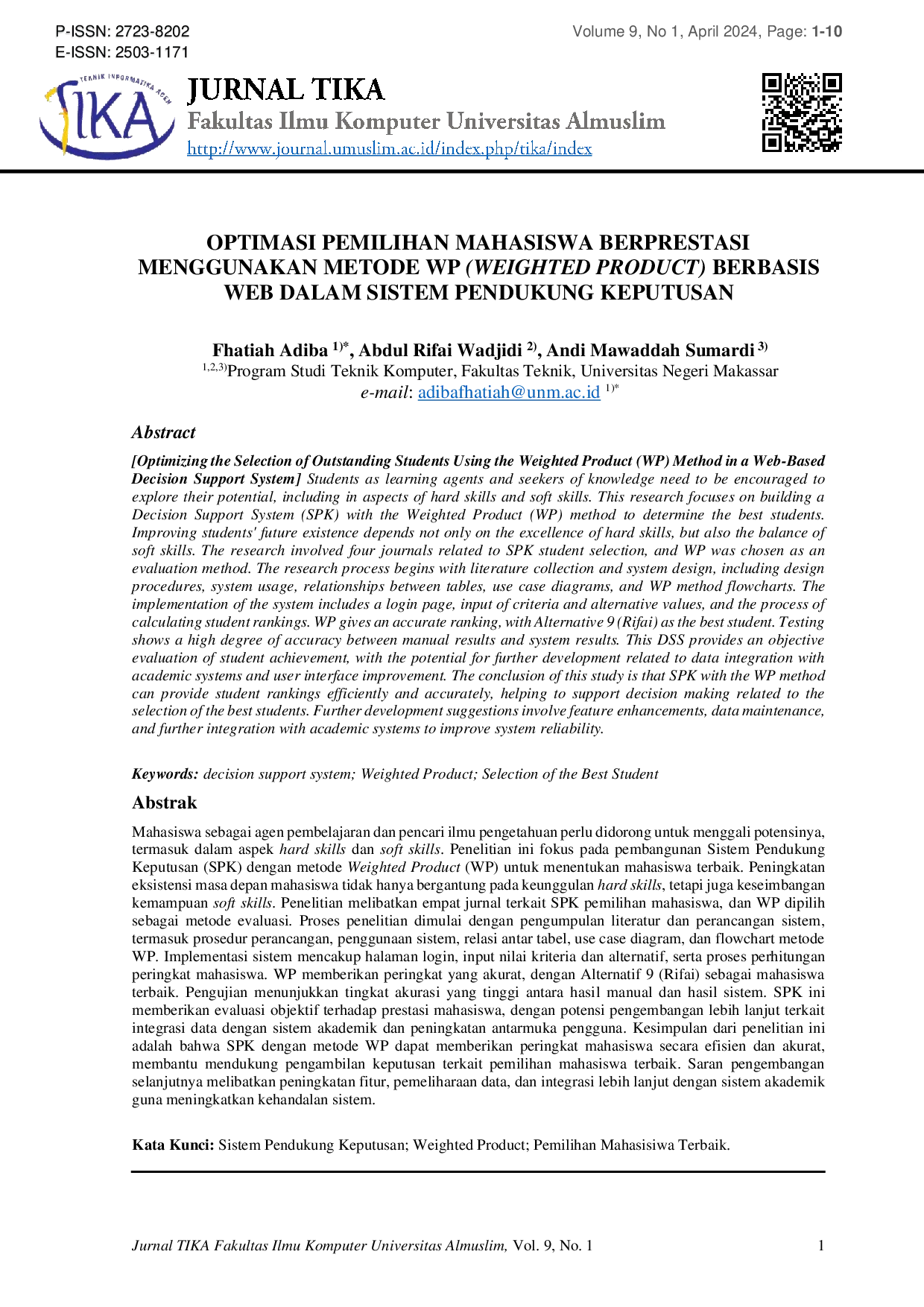 JURIS Optimasi Pemilihan Mahasiswa Berprestasi Menggunakan Metode Wp Weighted Product Berbasis Web Dalam Sistem Pendukung Keputusanoptimasi