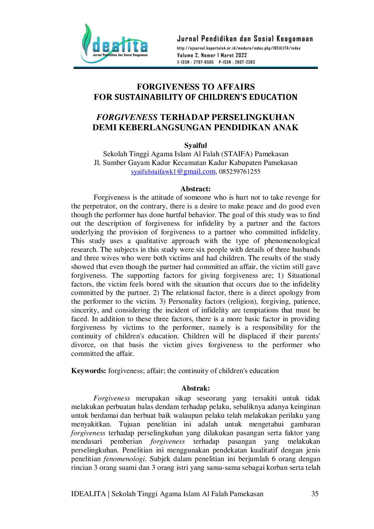 JURIS Forgiveness Terhadap Perselingkuhan Demi Keberlangsungan Pendidikan Anak