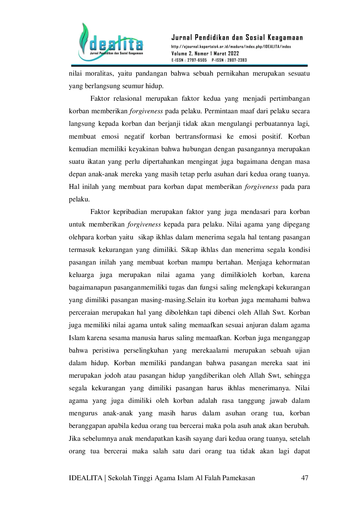 JURIS Forgiveness Terhadap Perselingkuhan Demi Keberlangsungan Pendidikan Anak