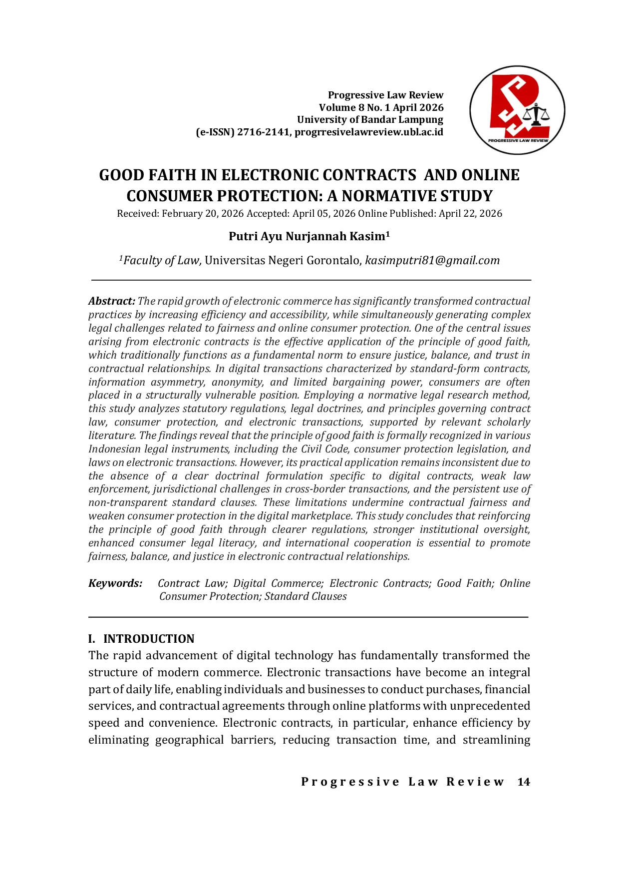 JURIS Good Faith in Electronic Contracts and Online Consumer Protection A Normative Study