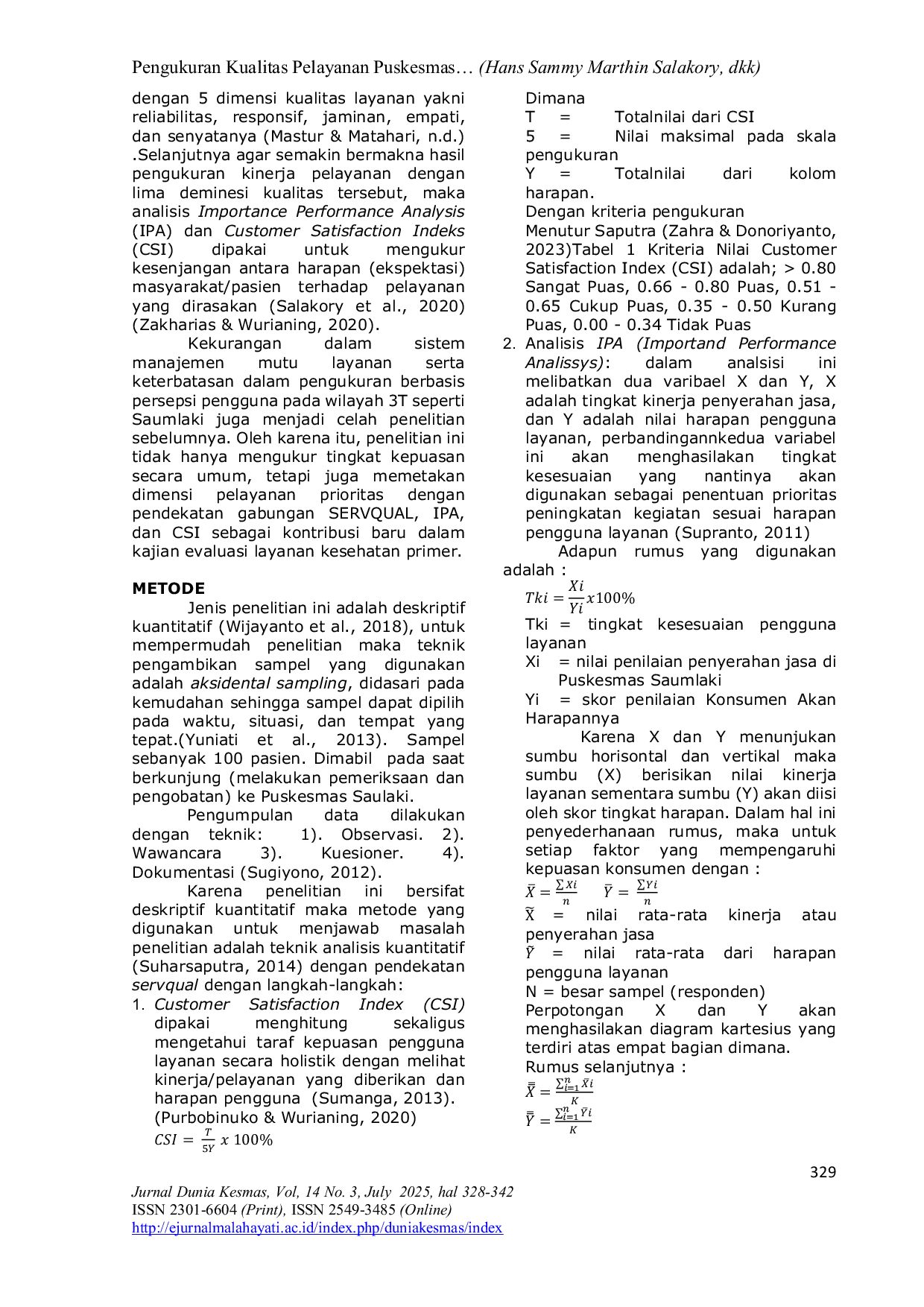 JURIS Measurement of Saumlaki Community Health Center Service Quality Using Importance Performance Analysis IPA and Customer Satisfaction Index CSI