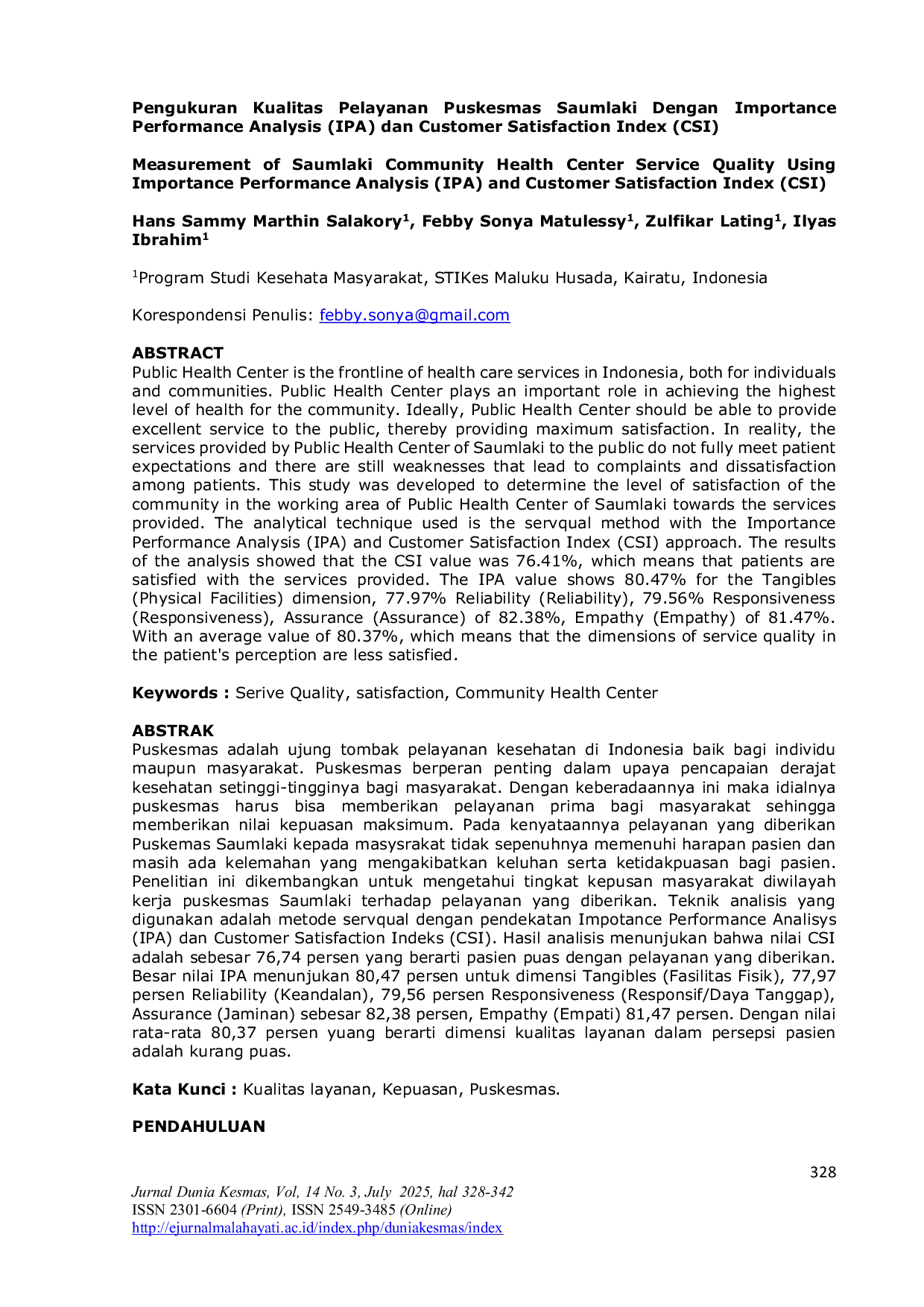JURIS Measurement of Saumlaki Community Health Center Service Quality Using Importance Performance Analysis IPA and Customer Satisfaction Index CSI