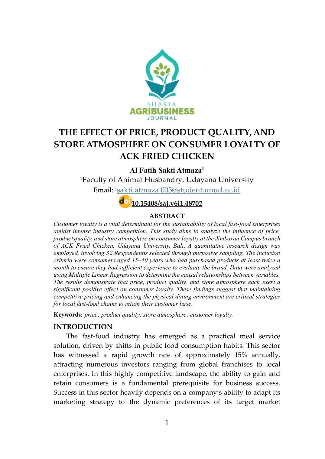 JURIS The Effect of Price Product Quality and Store Atmosphere on Consumer Loyalty of ACK Fried Chicken