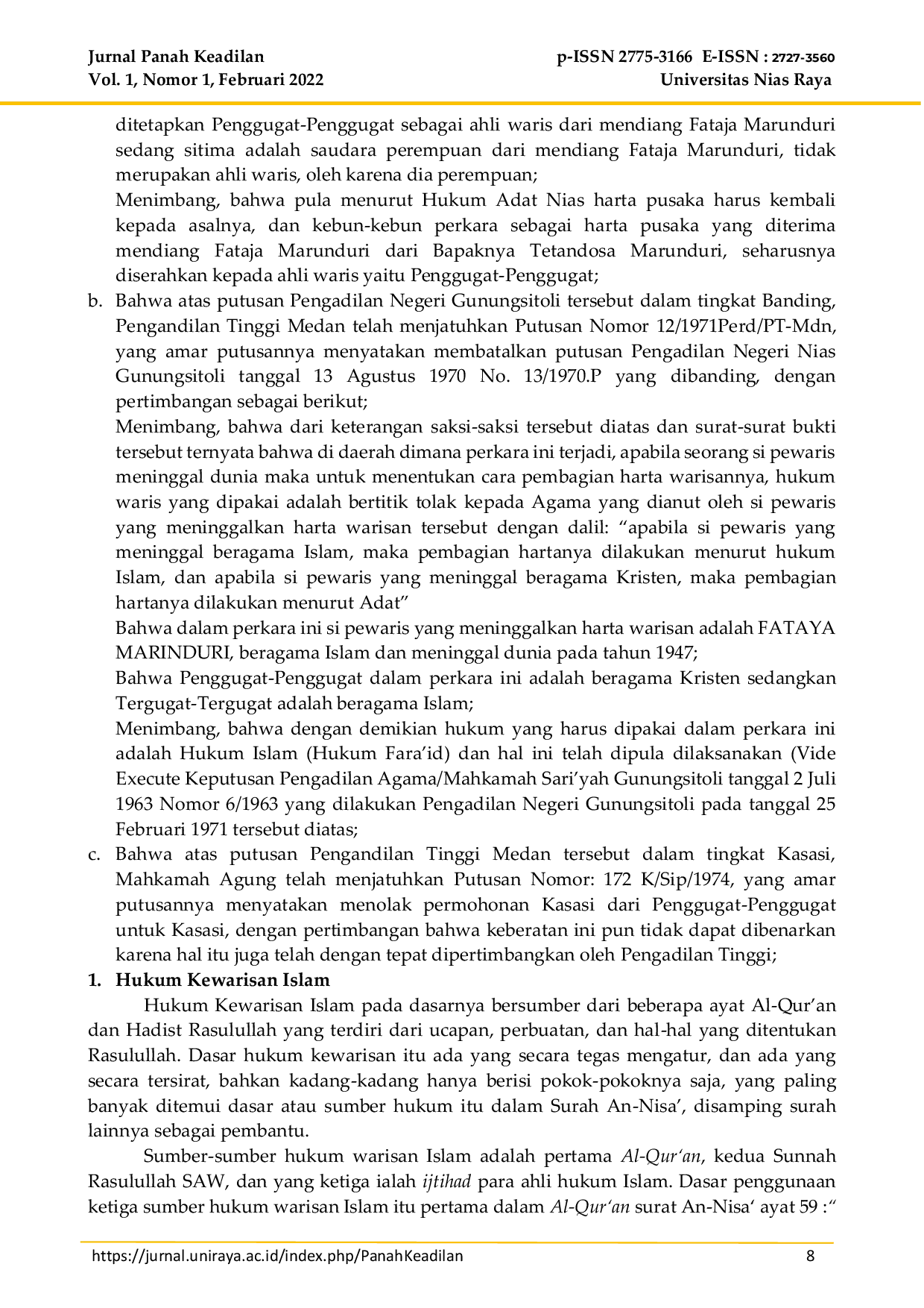 JURIS Pembagian Harta Warisan Dalam Masyarakat Nias Study Putusan Mahkamah Agung Nomor 172 K Sip 1974