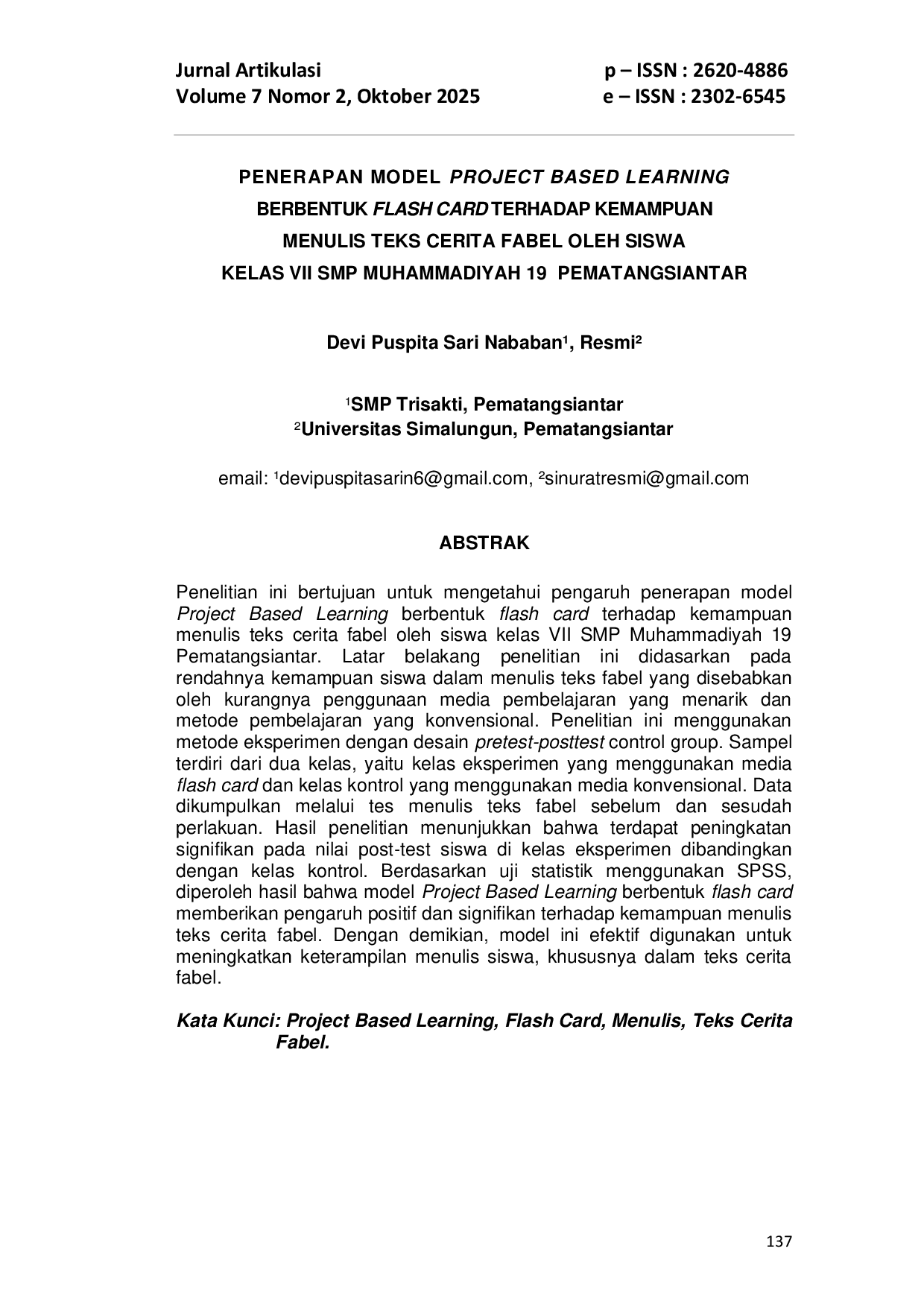 JURIS Penerapan Model Project Based Learning Berbentuk Flash Card Terhadap Kemampuan Menulis Teks Cerita Fabel Oleh Siswa Kelas VII SMP Muhammadiyah 19 Pematangsiantar