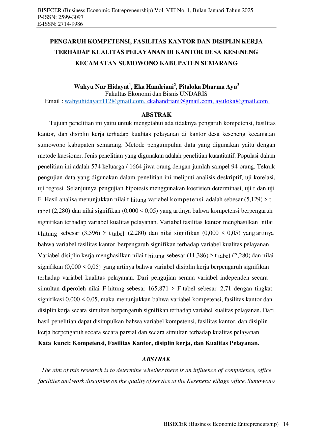 JURIS Pengaruh Kompetensi Fasilitas Kantor dan Disiplin Kerja Terhadap Kualitas Pelayanan di Kantor Desa Keseneng Kecamatan Sumowono Kabupaten Semarang