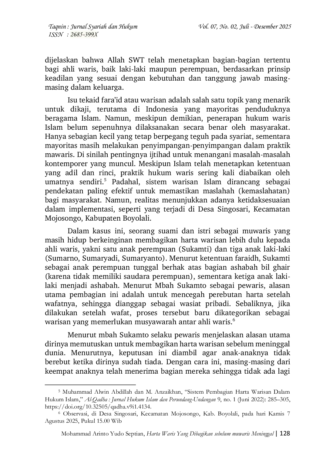 JURIS Harta Waris Yang Dibagikan Sebelum Muwaris Meninggal di Desa Singosari Perspektif Fiqih Mawaris