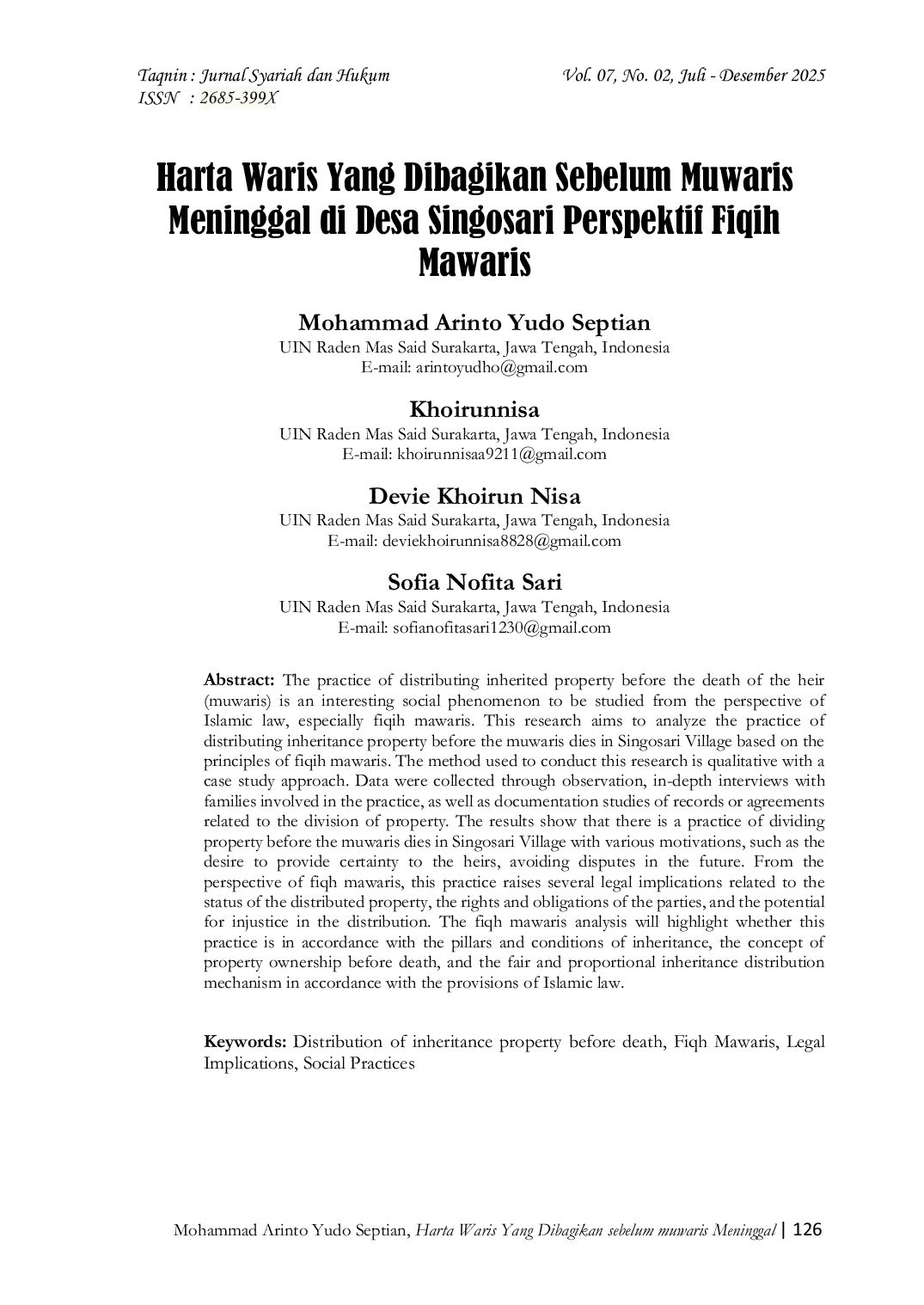 JURIS Harta Waris Yang Dibagikan Sebelum Muwaris Meninggal di Desa Singosari Perspektif Fiqih Mawaris