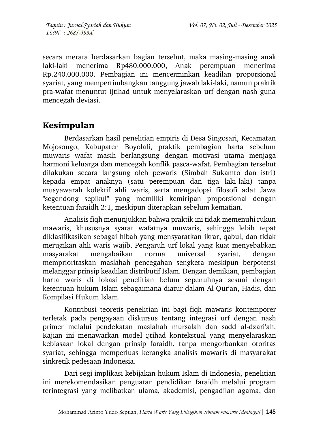 JURIS Harta Waris Yang Dibagikan Sebelum Muwaris Meninggal di Desa Singosari Perspektif Fiqih Mawaris
