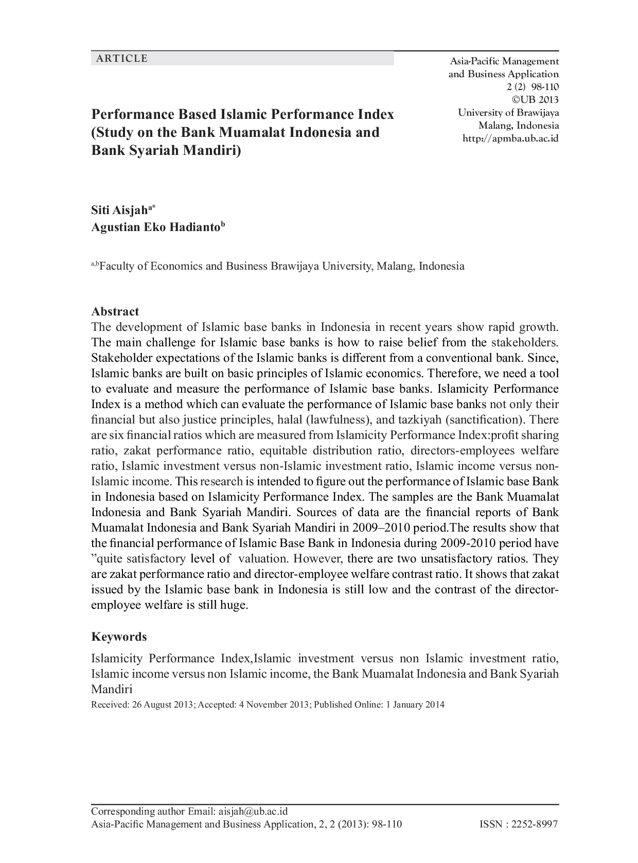 JURIS Performance Based Islamic Performance Index Study on the Bank Muamalat Indonesia and Bank Syariah Mandiri