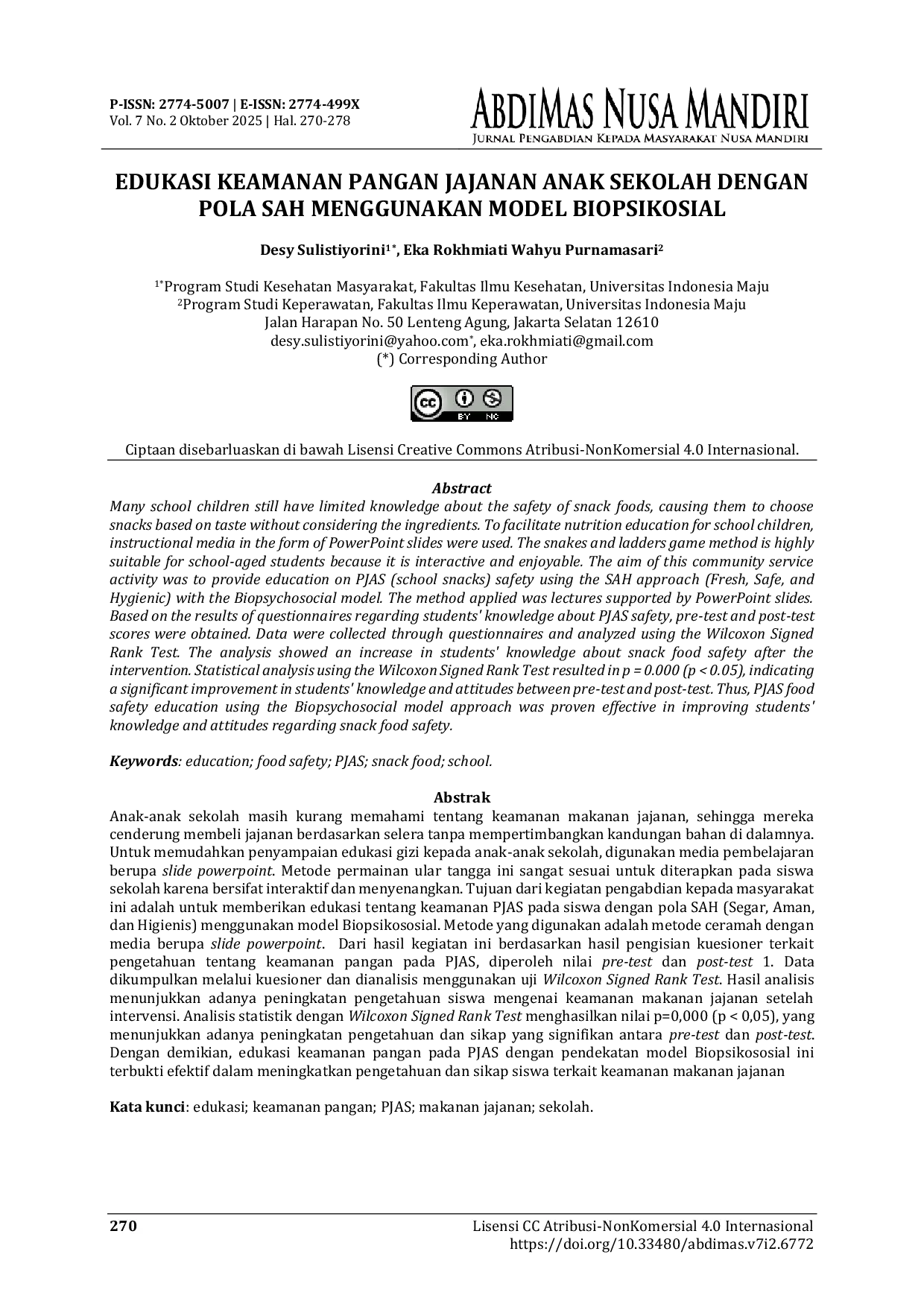 JURIS Edukasi Keamanan Pangan Jajanan Anak Sekolah Dengan Pola Sah Menggunakan Model Biopsikosial